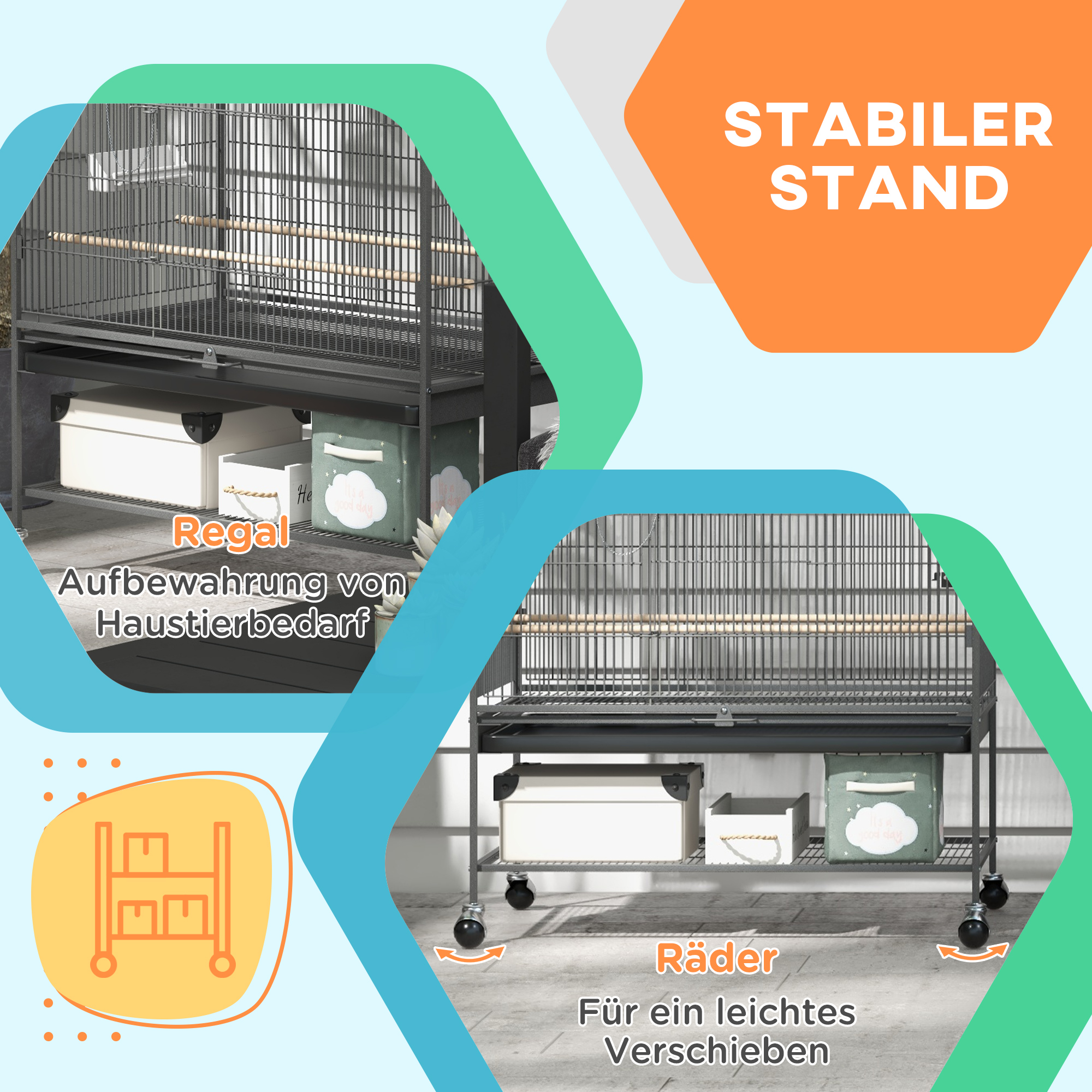 Vogelkäfig inklusive Sitzstangen, Vogelspielzeug, herausnehmbare Bodenwanne, 1 Ablage, Grau