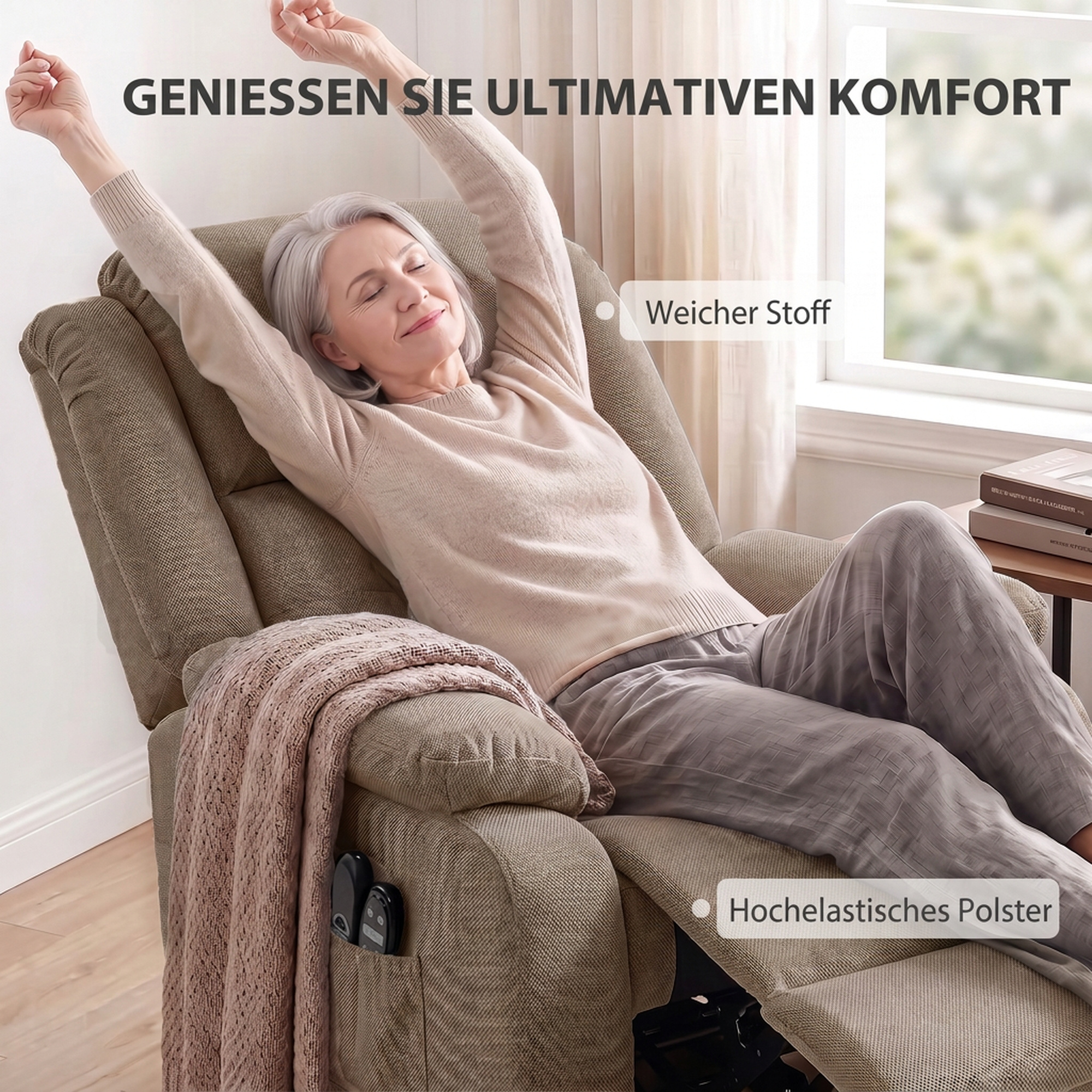 Fernsehsessel mit Massage- und Wärmefunktion, Elektrischer Aufsteh-Sessel, Fernbedienung, Seitentaschen, Hellbraun