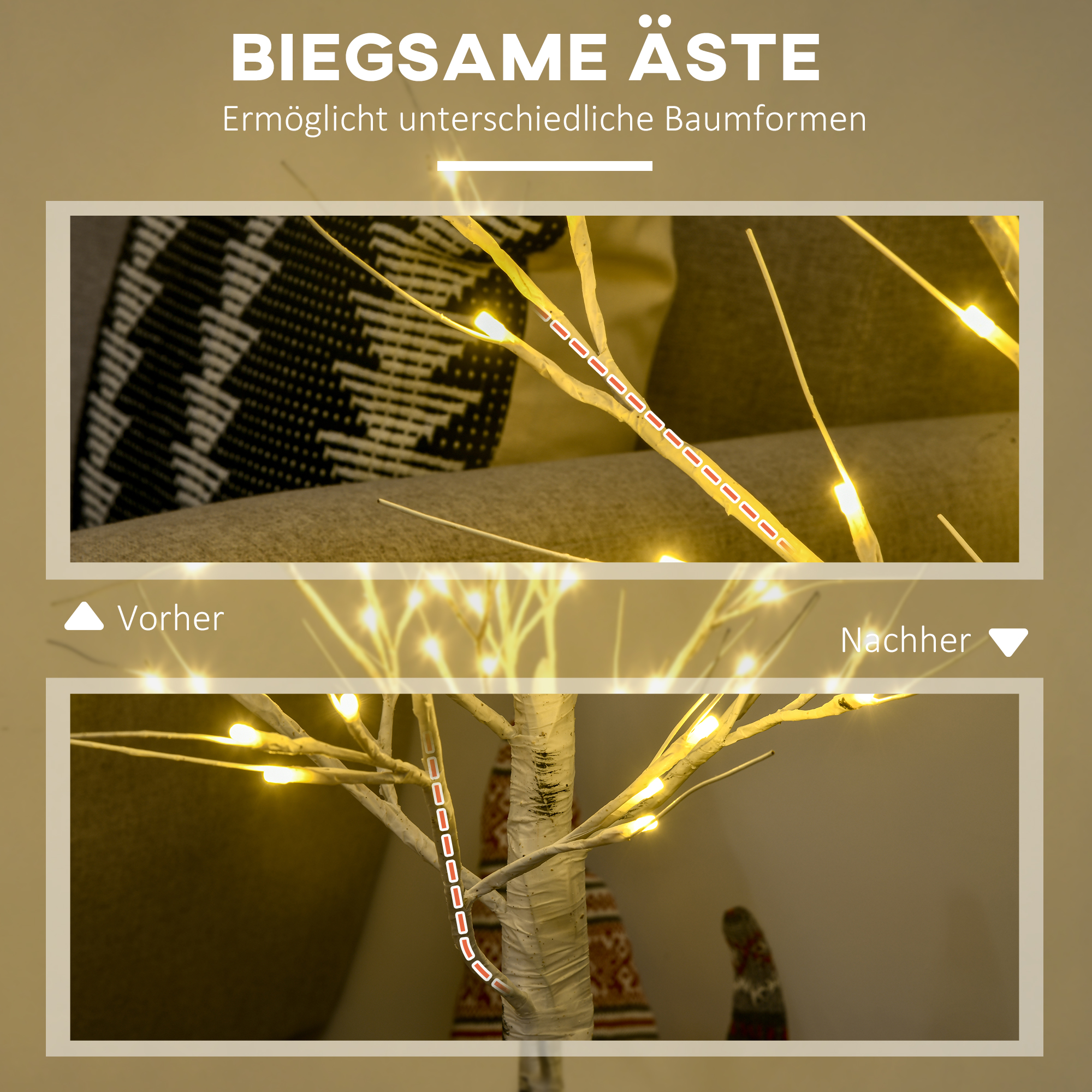 Kunstbaum, Kunstbirke, mit LED-Beleuchtung, warmweiß, realistische, weiße Rinde, 17L x 17B x 120H cm