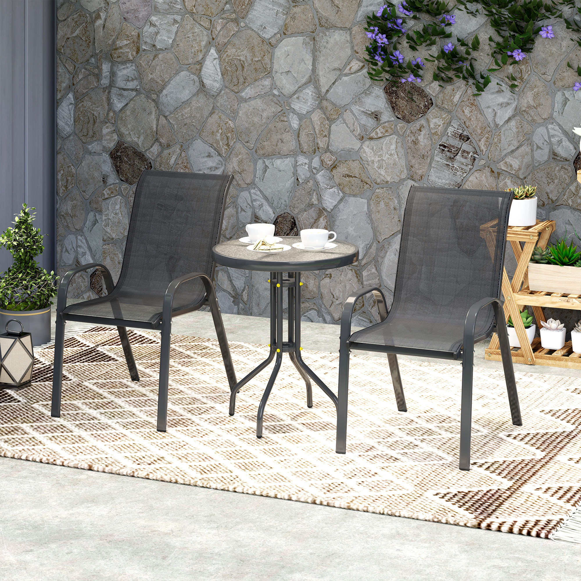 Bistro-Set 3-teilig Wetterfest Gartenmöbel Set mit Glastisch Stapelbare Gartenstühlen Schwarz