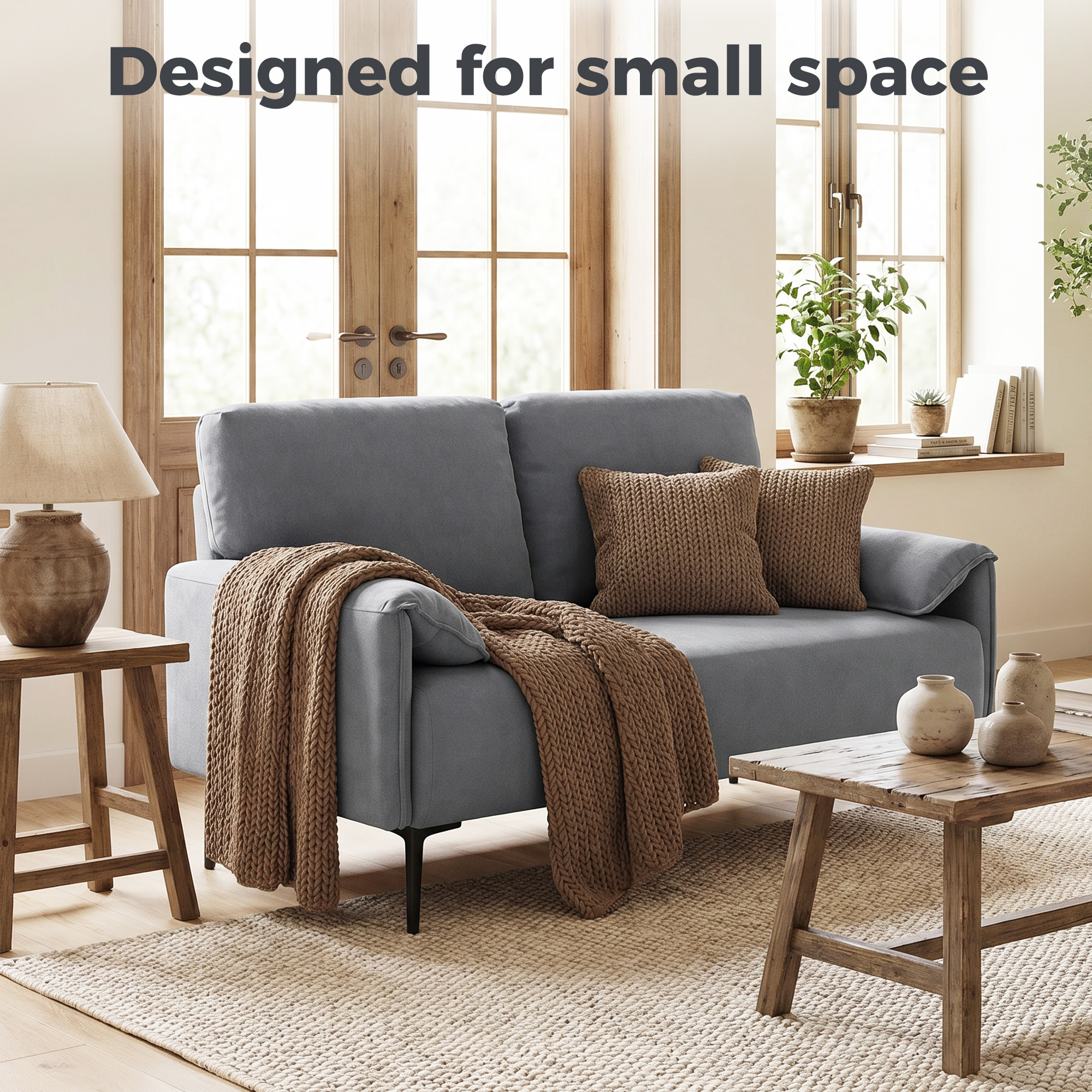 2-Sitzer-Sofa, dicke Kissen, samtiger Bezug, Polstersofa, Schwarz