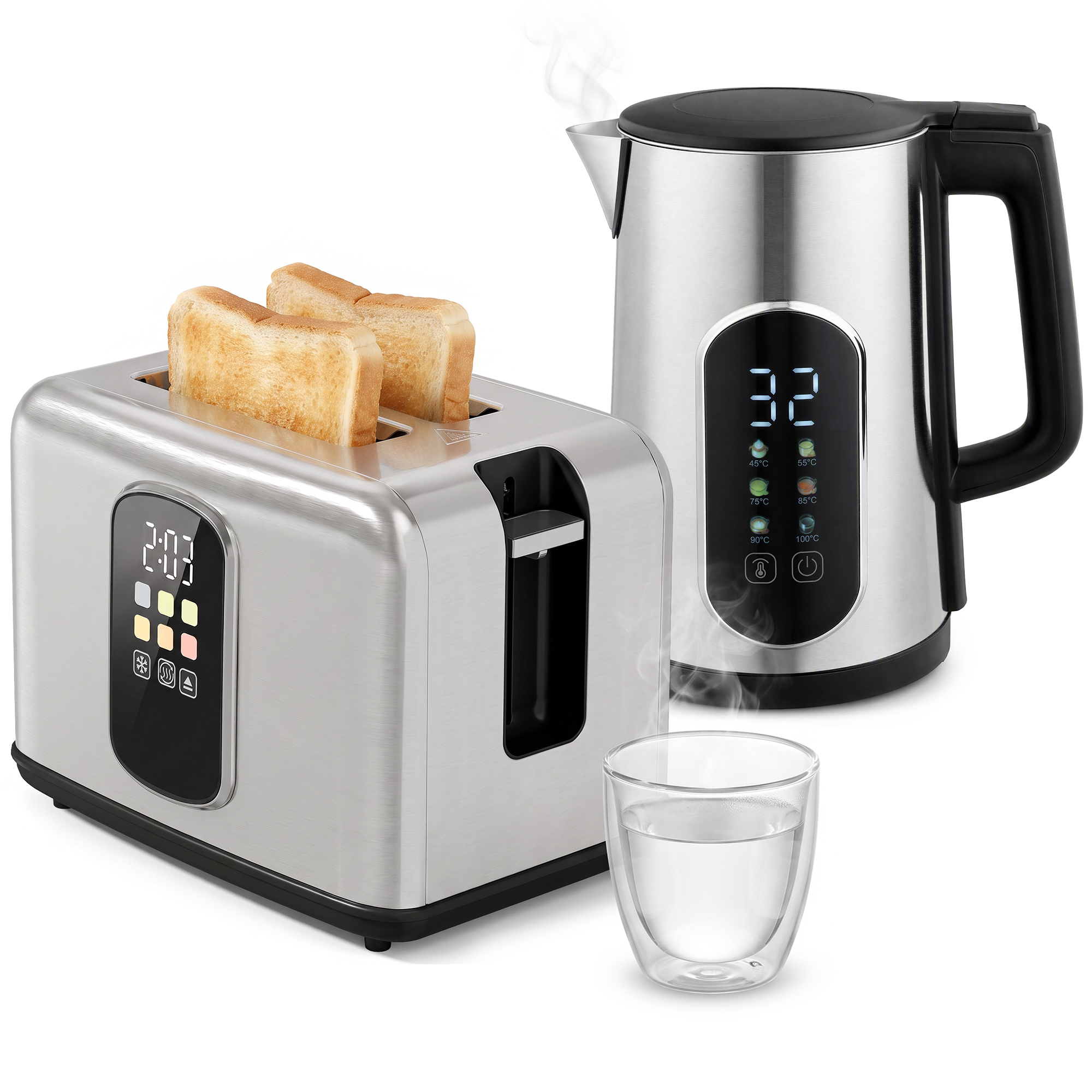 1,5-l-Wasserkocher, 2200 W, mit LED-Touchscreen, 2-Scheiben-Toaster mit 6 Bräunungsstufen, Silber