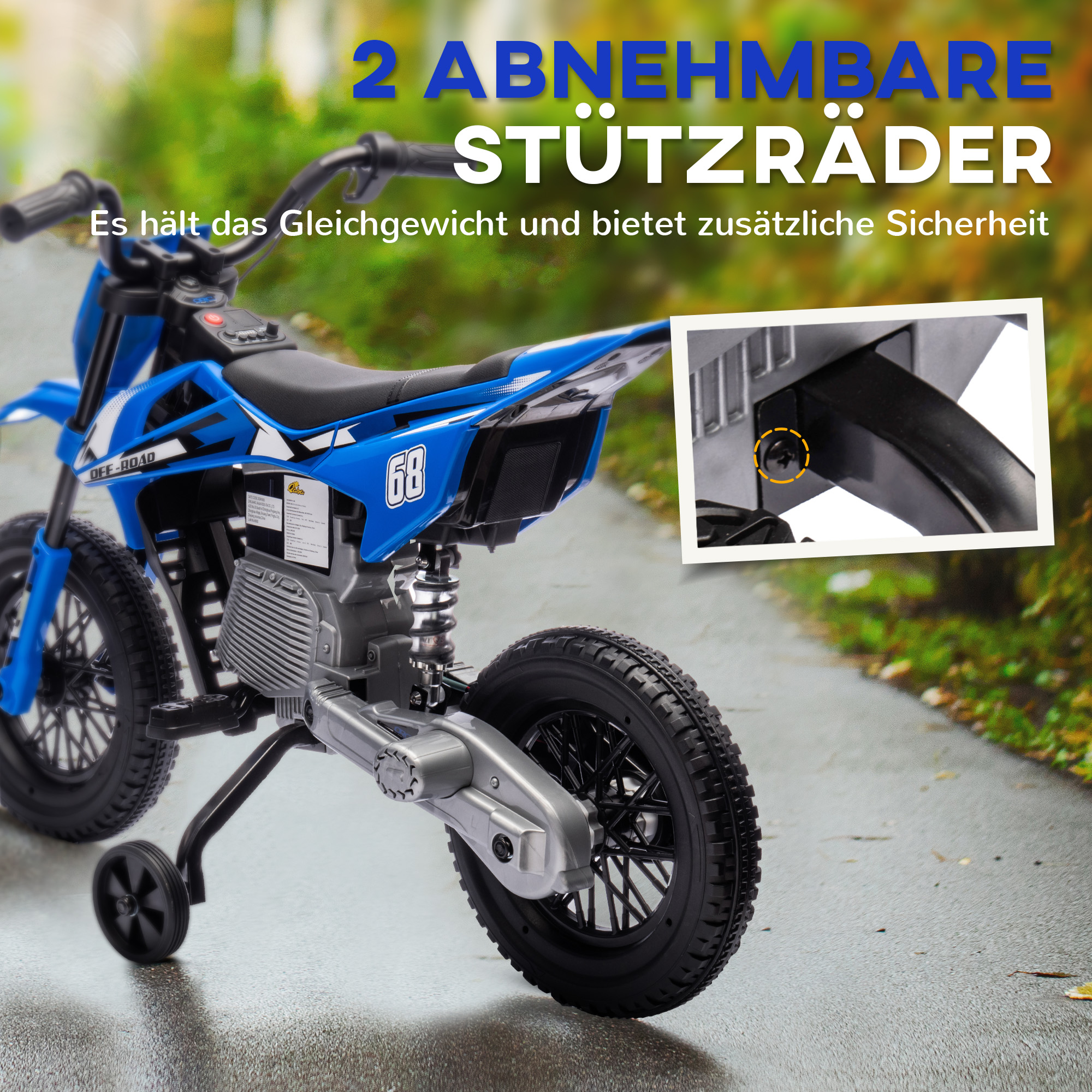 Elektro-Motorrad für Kinder, 12V Kindermotorrad mit Musik, Kinderfahrzeug mit Trainingsrädern, 3-6 Jahre, Blau