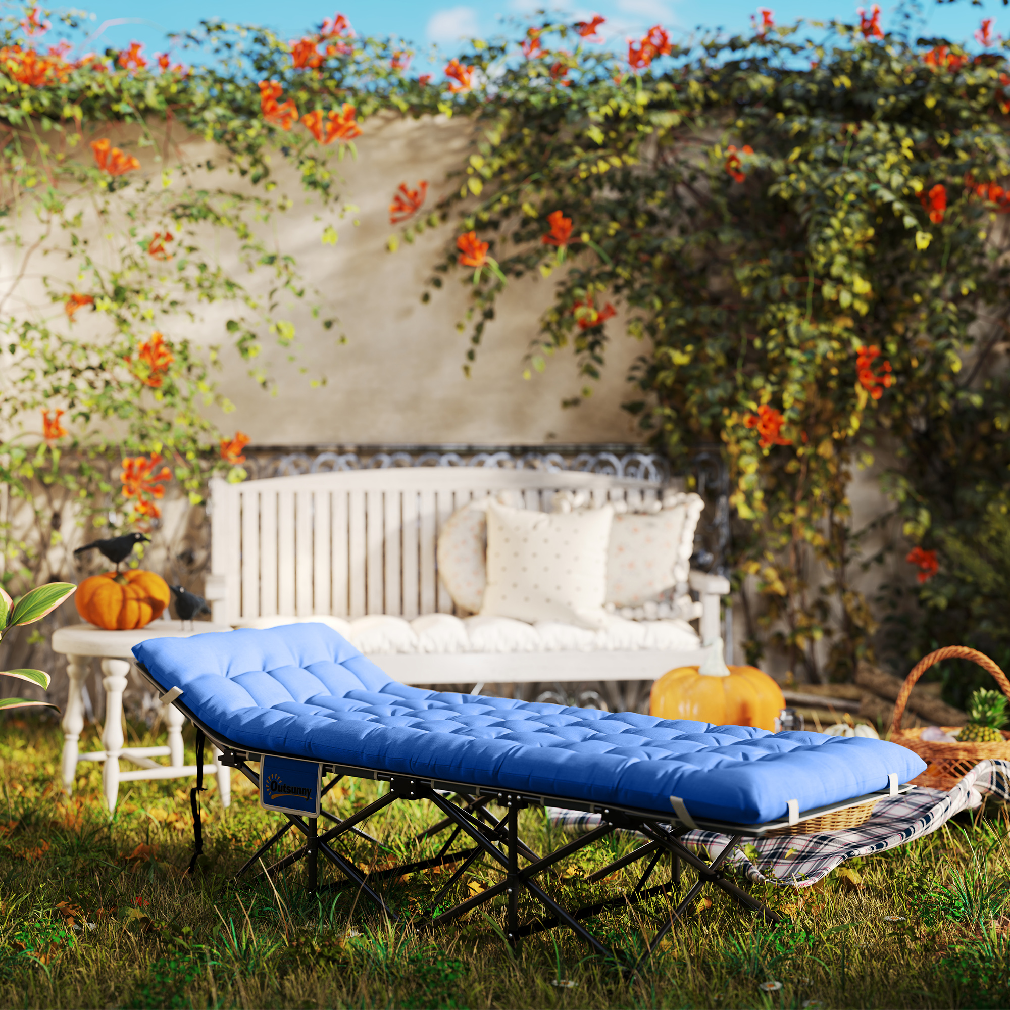 Feldbett faltbar Campingbett mit Matratze Kopfkissen Seitentasche 185 x 68 x 37 cm bis 150 kg Dunkelblau