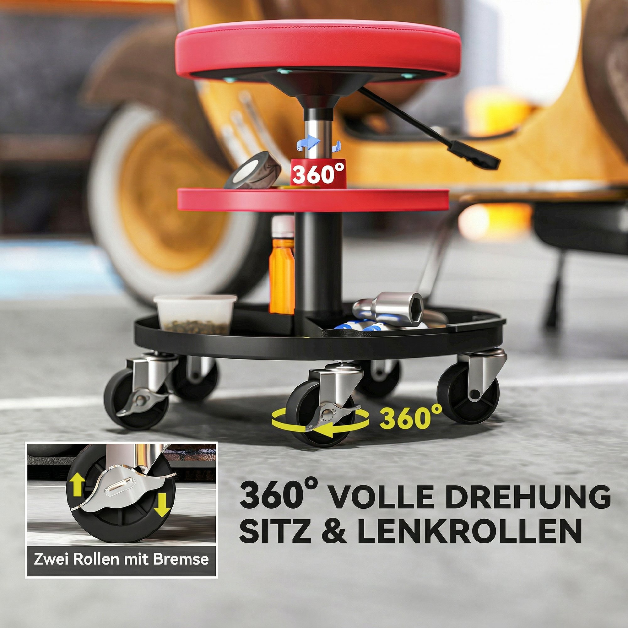 Werkstatthocker mit Rollen Tabletts höhenverstellbar 40-51cm Rollhocker bis 135 kg belastbar Rot