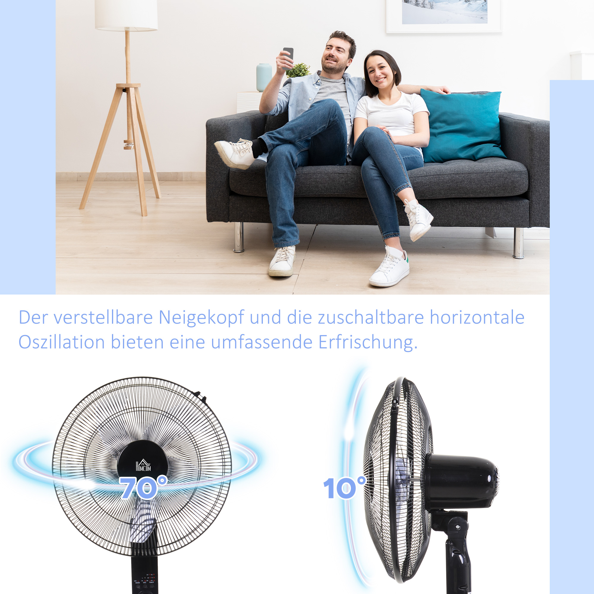 Standventilator mit Fernbedienung, Ventilator, Höhenverstellbarer Lüfter, 3 Geschwindigkeitsstufen, Verstellbarer Neigungswinkel, Metall, Schwarz, Ø44,5 x H110-124 cm