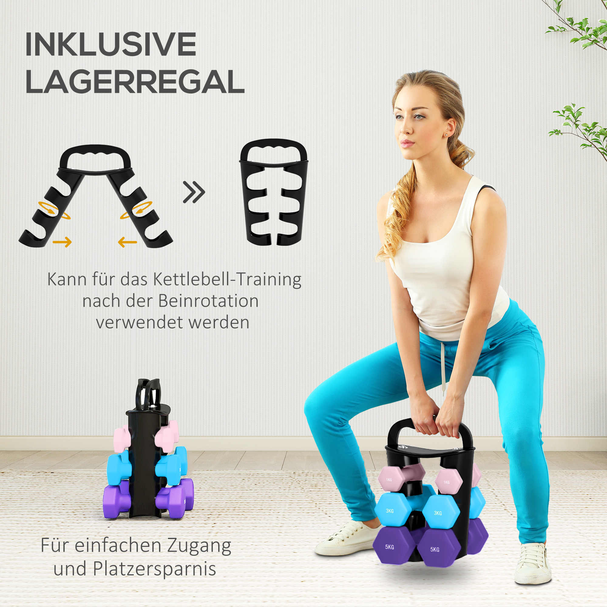 Hantelset mit Aufbewahrungsgestell, Set mit 6 Hanteln für Fitness-Training, 2 x 1kg, 2 x 3kg, 2 x 5kg