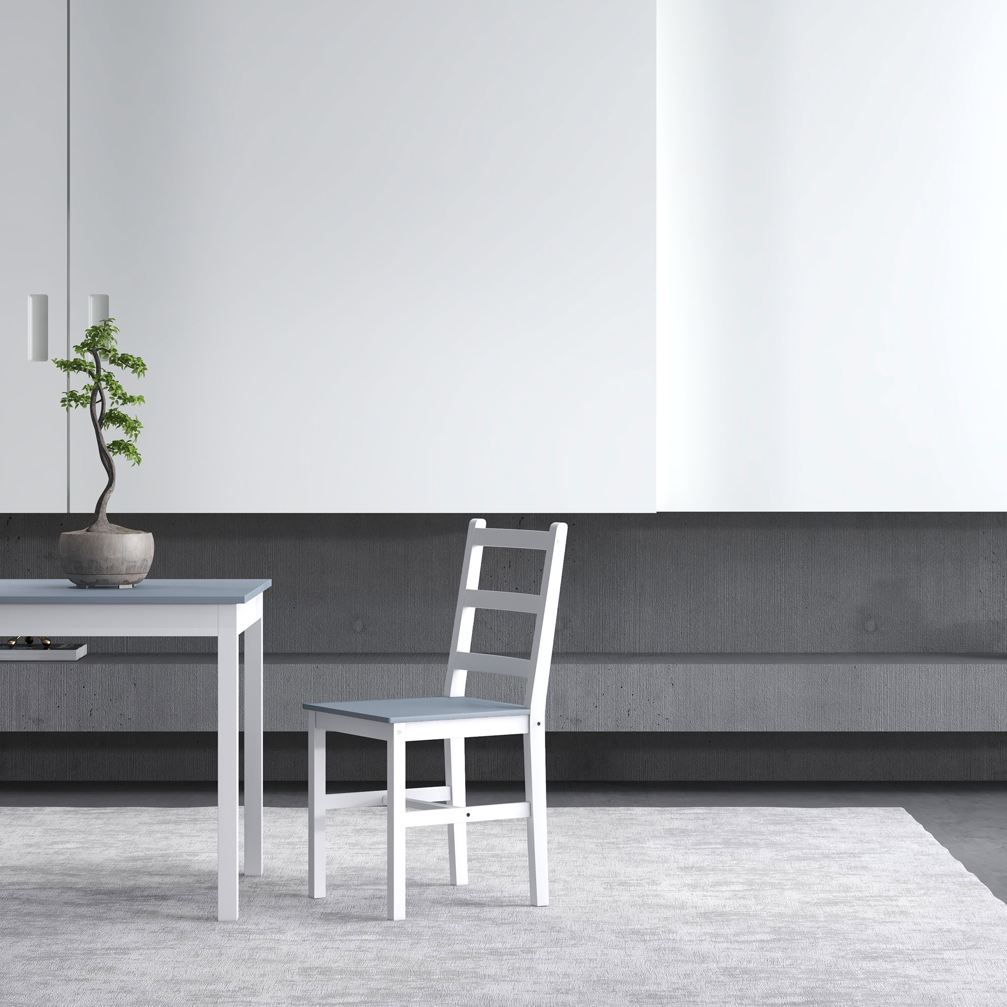 Essgruppe für 2 Personen, 2 Stühle, 1 Tisch, Kiefernholz, Weiß + Grau