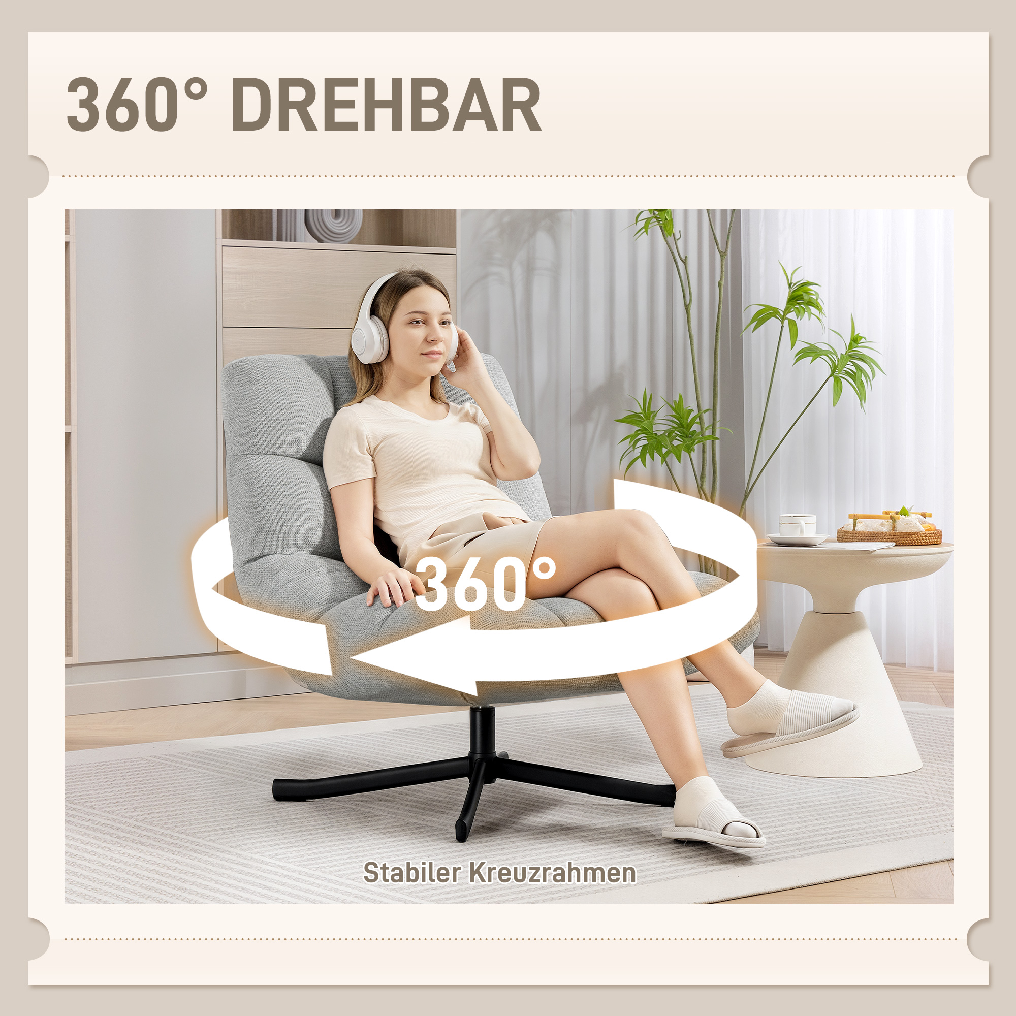 Sessel Drehbar Loungesessel mit Breiter Sitzfläche, wasserabweisend Chenille-Optik, gekreuzt Stahlbeine, Hellgrau