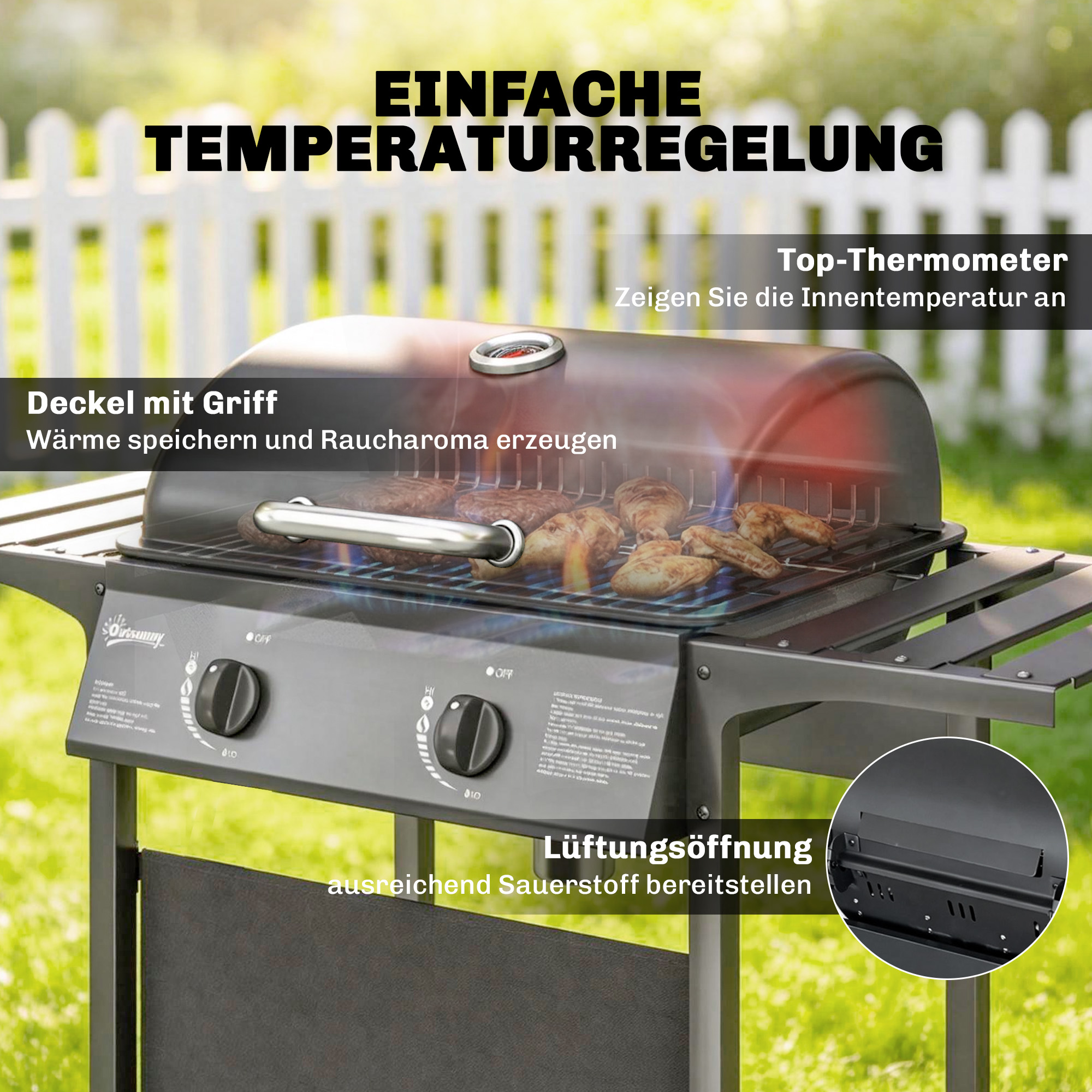 Gasgrill 5 KW 2 Brenner BBQ Grillwagen Edelstahl inkl Seitentisch Unterkorb Frontabdeckung Thermometer Emaille-Grillrost
