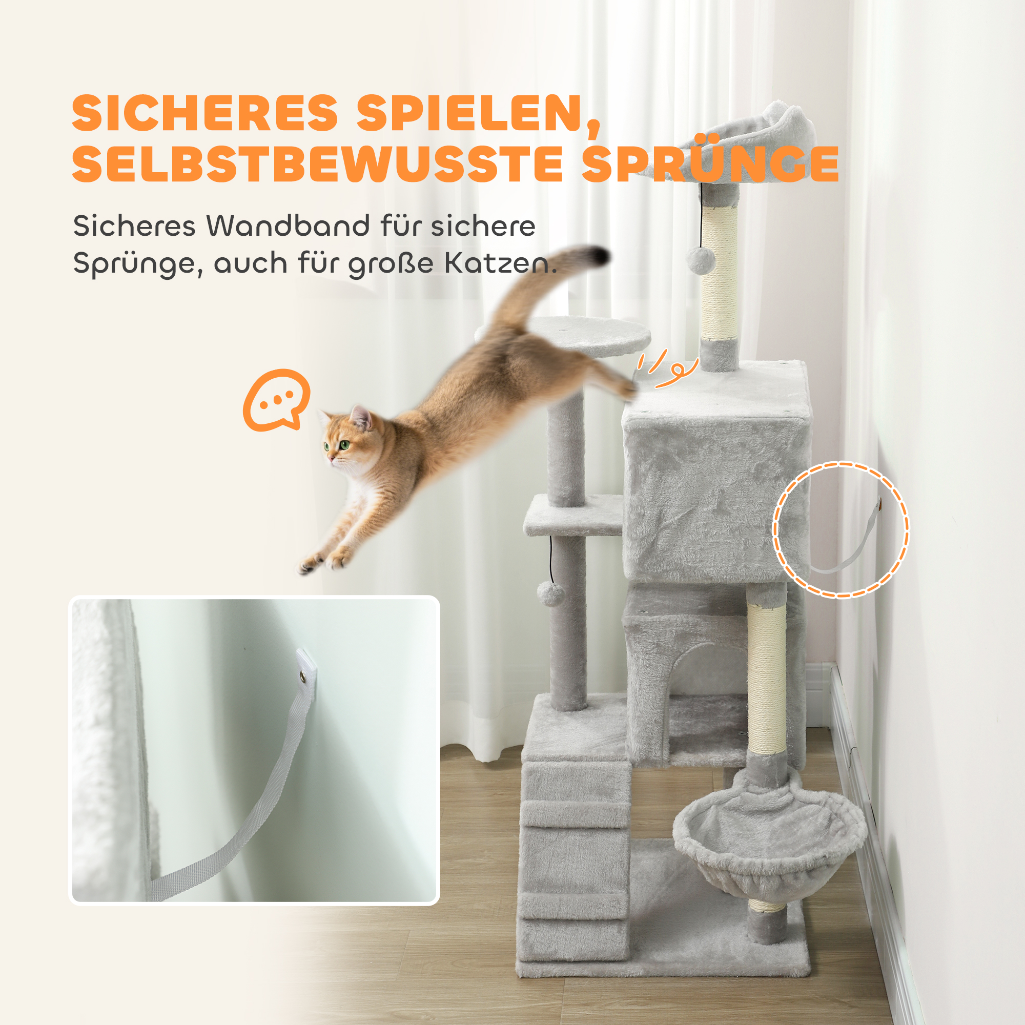 140 cm Katzenkratzbaum, mehrere Ebenen, Sisal-Kratzpfosten, Höhlen, Plüsch-Plattformen, Hängematte, Leiter, Spielbälle