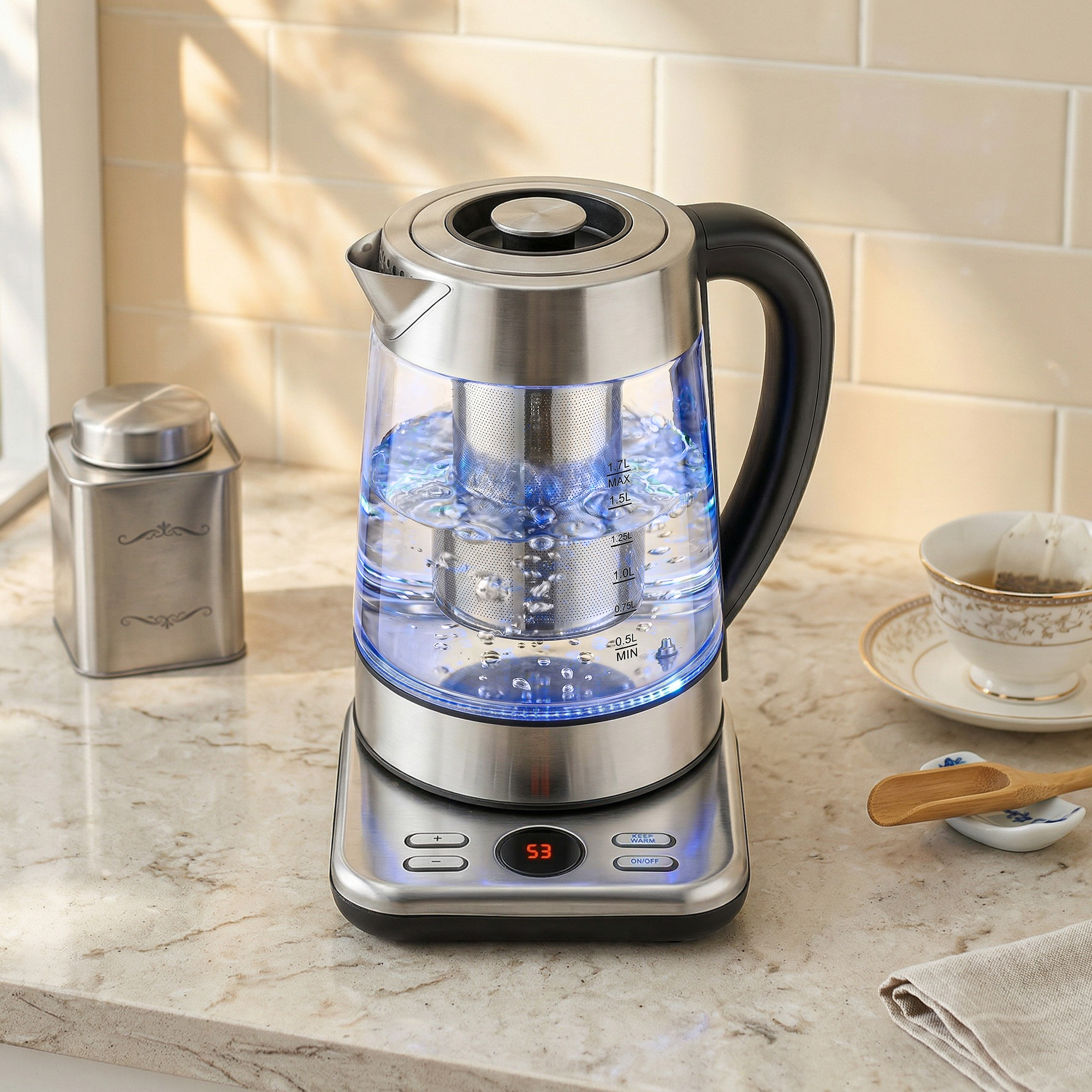 Wasserkocher, 1,7L Schnellkochender 2200W Wasserkocher mit UK Strix Thermostat, Teesieb, Warmhaltefunktion