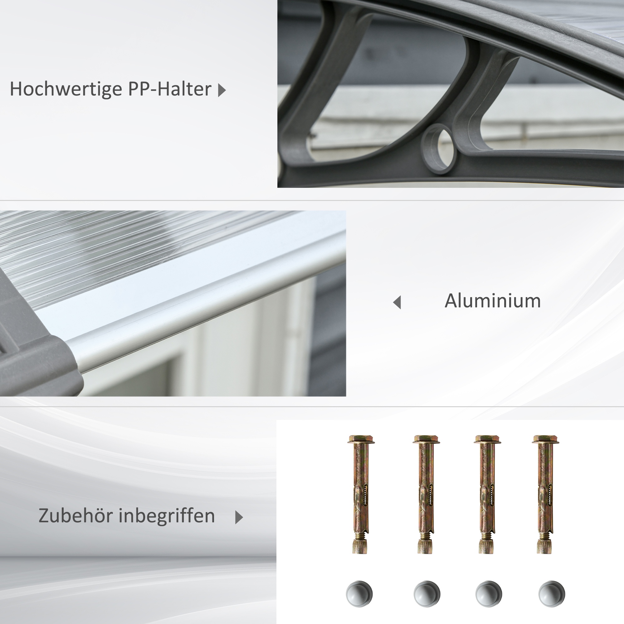 Türüberdachung, Schutz vor Regen, Wind und Hagel, Polycarbonat, Aluminium-Verbindungstangen, 110 x 60 x 18 cm, Grau