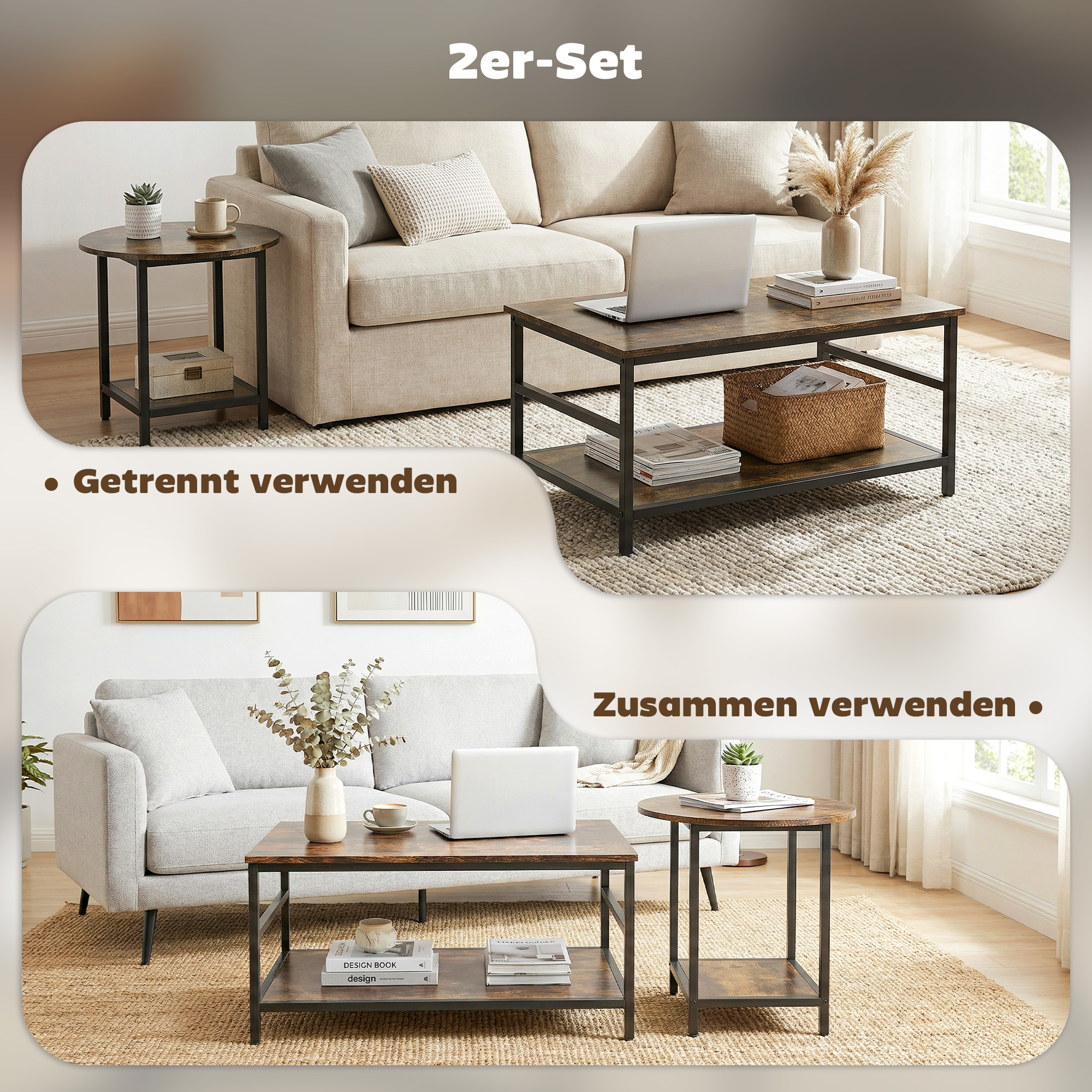 Couchtisch-Set, 2-teilig, rechteckiger und runder Tisch mit 2-stufigem Stauraum, für Wohnzimmer, Rustikal-Braun