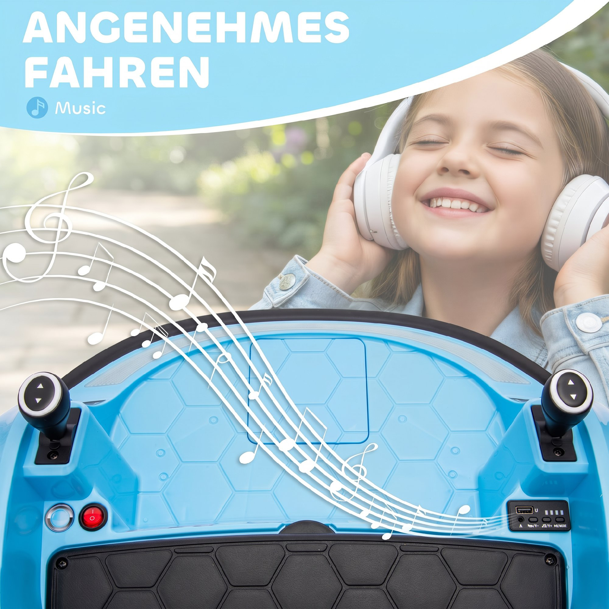 Autoscooter, 360° Rotation, 2 km/h Geschwindigkeit, Sicherheitsgurt, LED-Lichter, Musik und Hupe, Blau