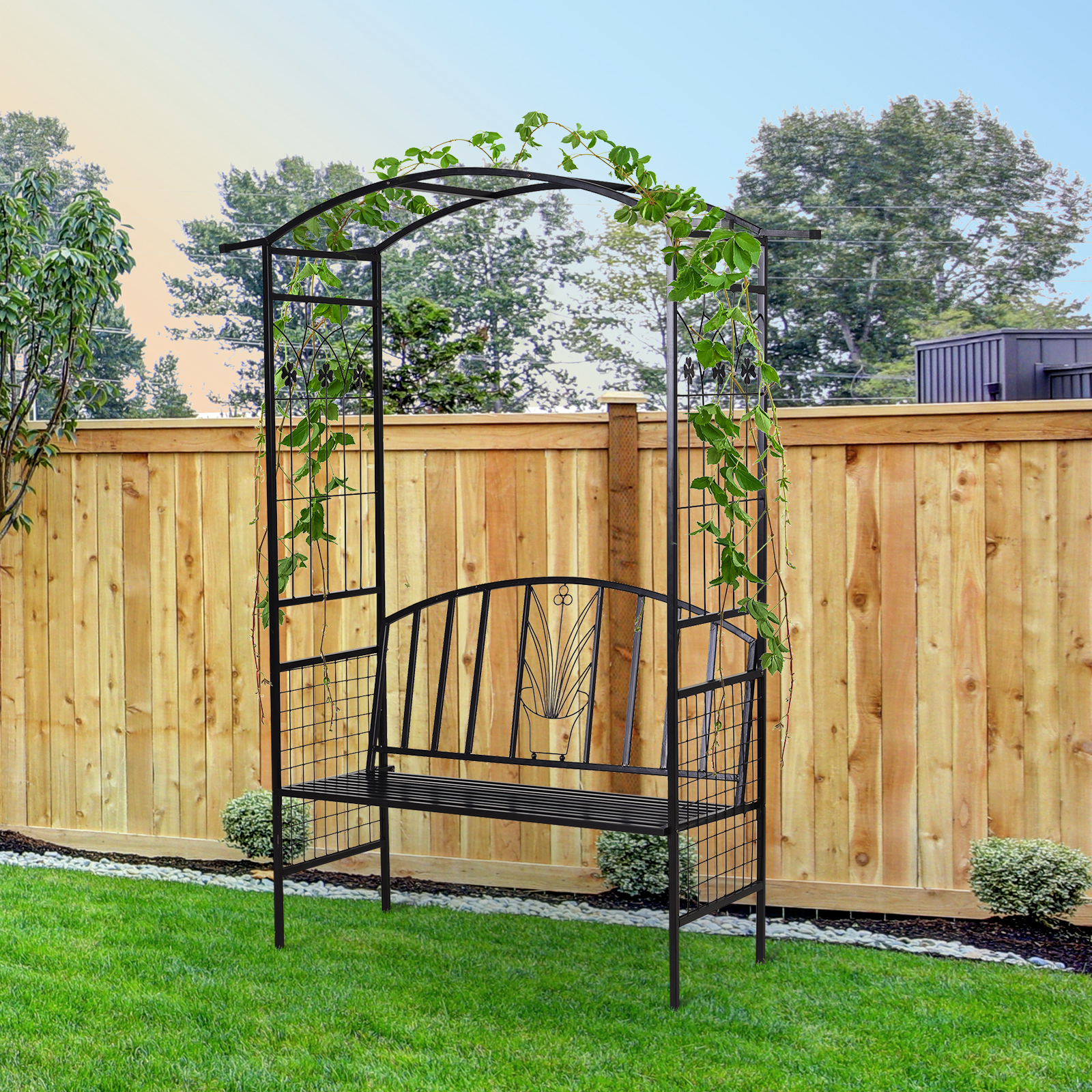 Pflanzbogen mit Bank Sitzbank Torbogen Rankgitter Rankhilfe Garten Bogendach Metall Schwarz 154 x 60 x 205 cm