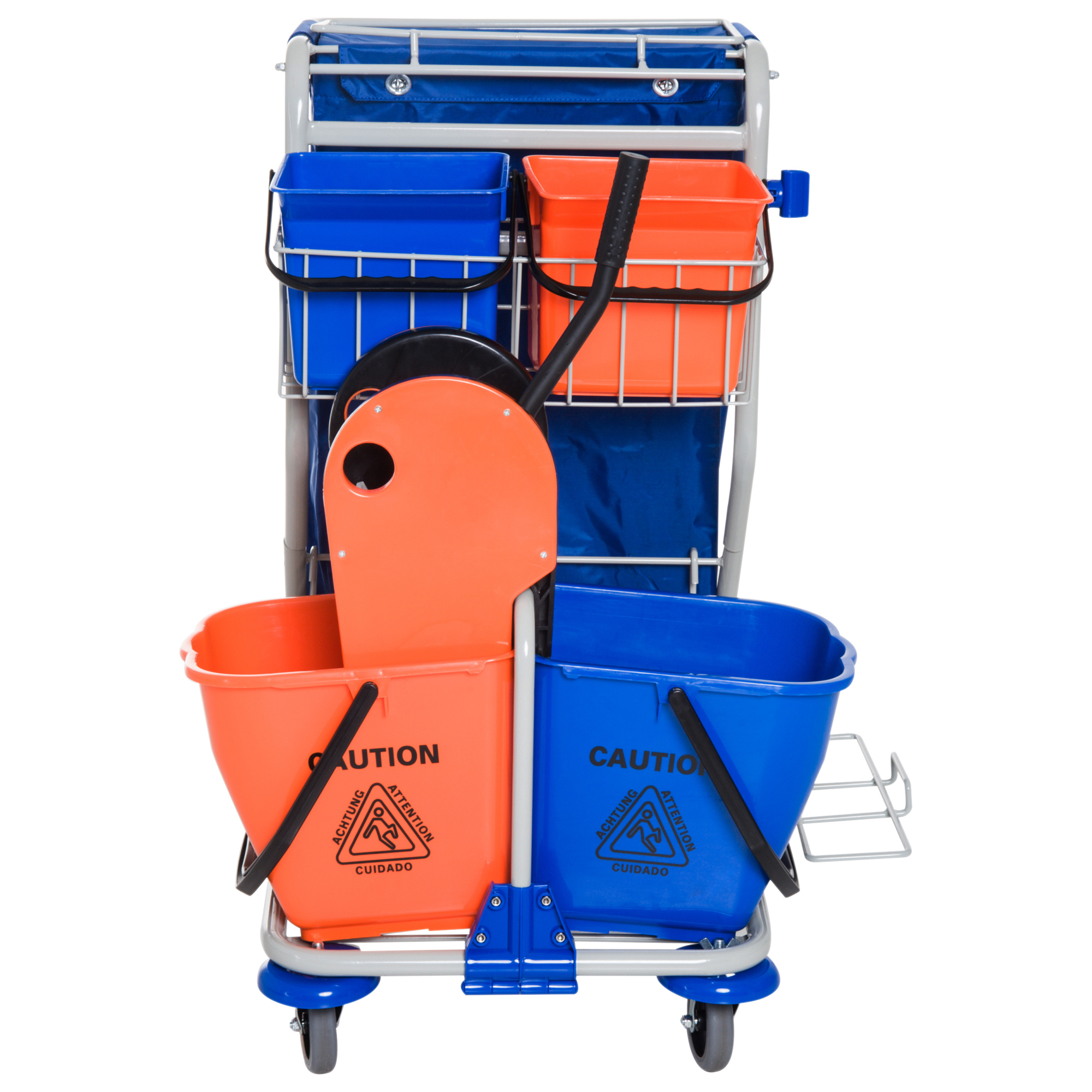 Putzwagen Reinigungswagen mit 2 x 18L & 2 x 6L Eimern Wischwagen Haushaltswagen mit Mopp-Presse, Aufbewahrungskorb, Blau Orange 93 x 80 x 97 cm
