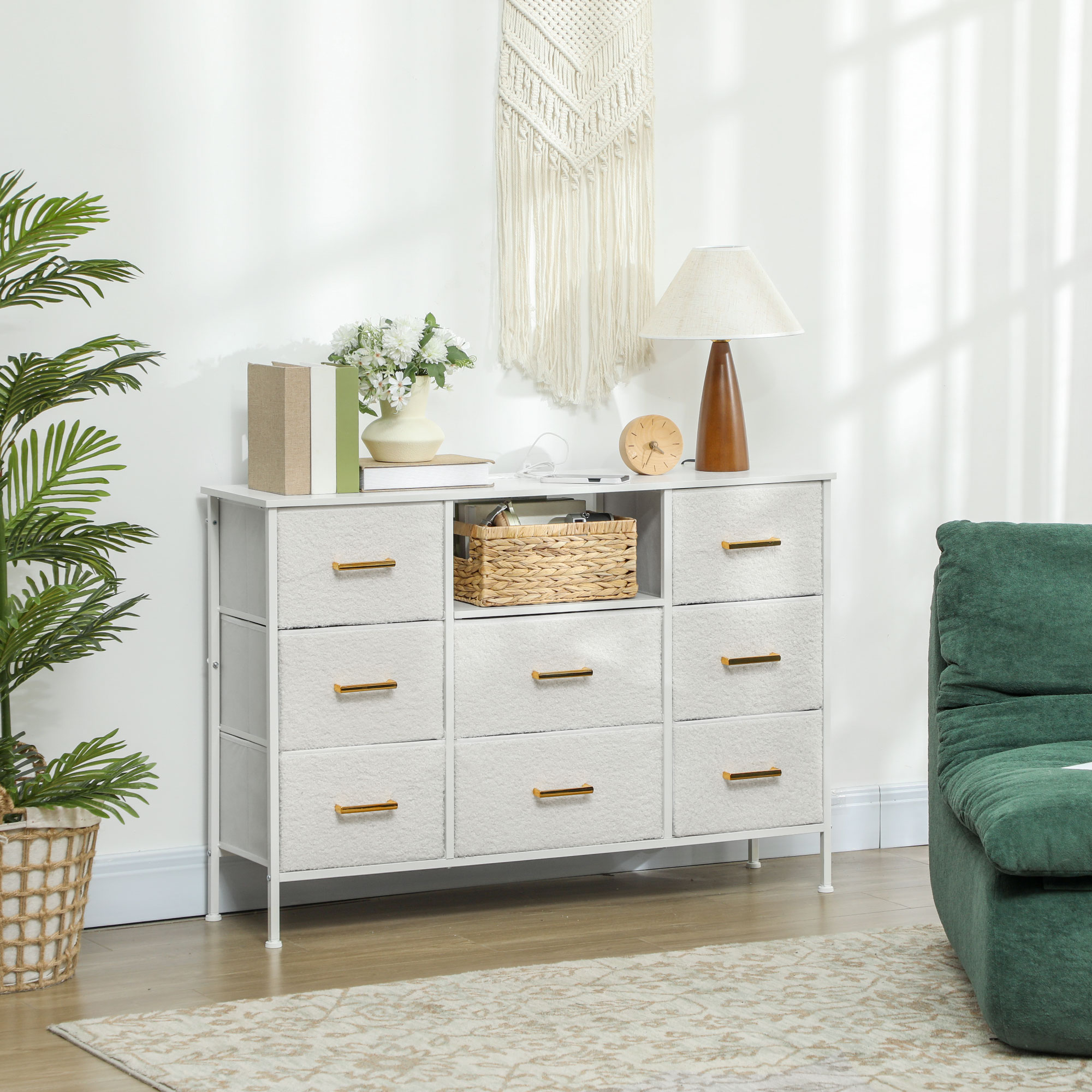 Kommode, Aufbewahrungsschrank mit 8 Schubladen aus Stoff, Steckdosenleiste, Stahlrahmen, Schubladenschrank für Flur, Schlafzimmer, Wohnzimmer und Büro, Cremeweiß