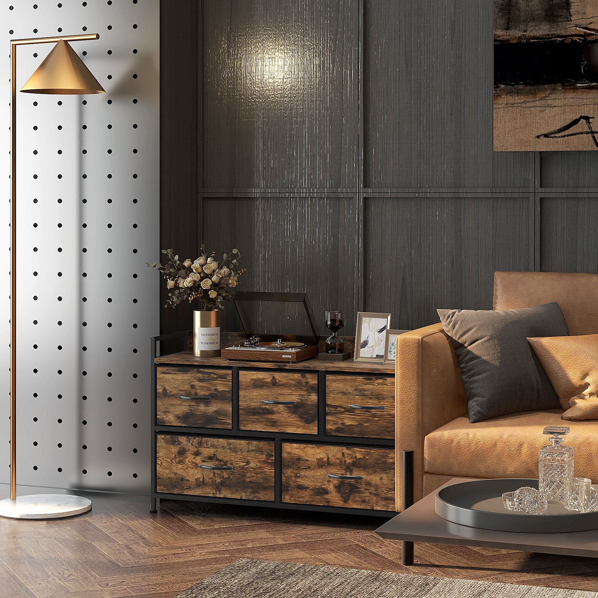 Kommode mit faltbaren Stoffschubladen, Melaminholz, Stahlrahmen, Braun