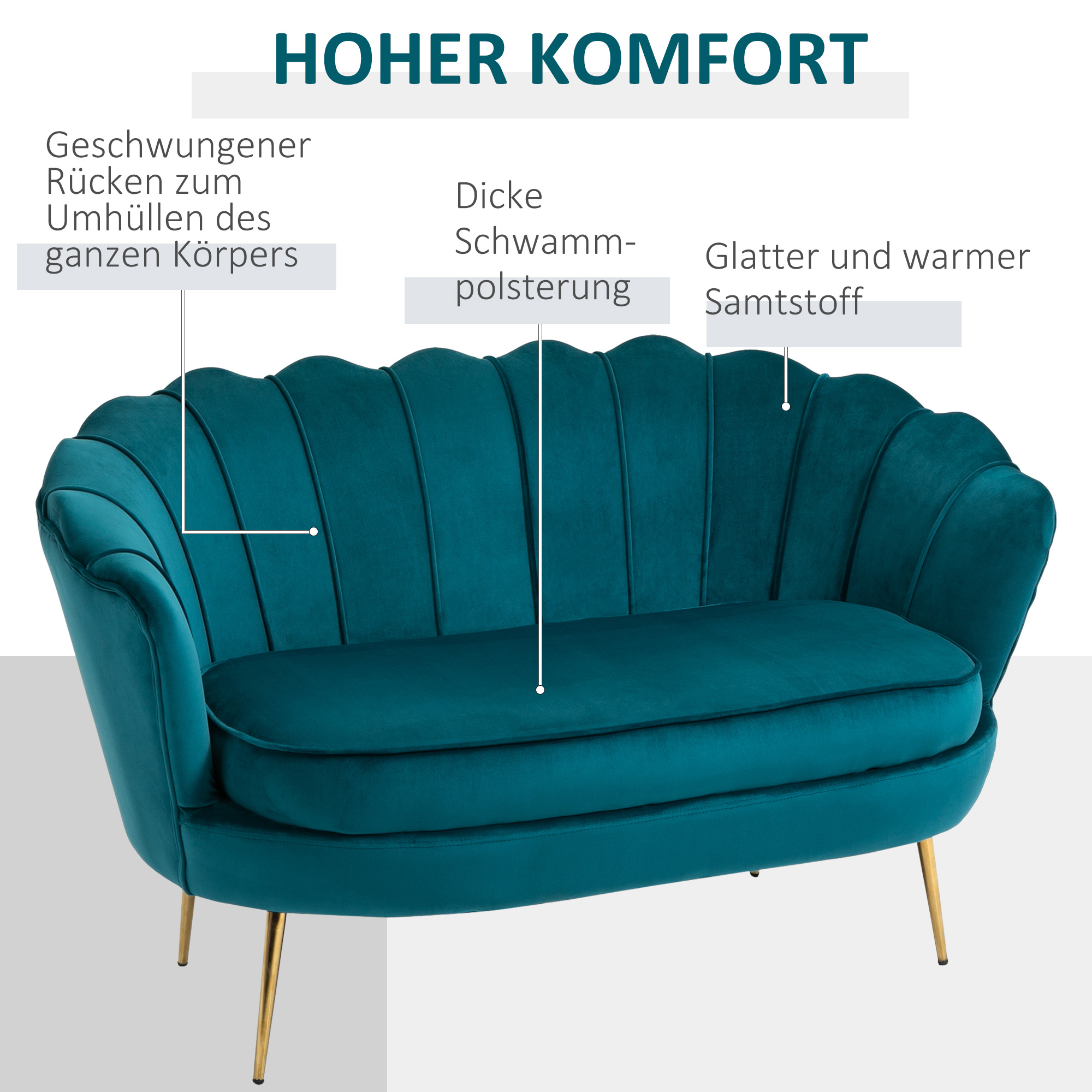 2-Sitzer-Sofa, Couch, Polstersofa, Samtoptik, Doppelsofa, bis 150 kg belastbar, 130 x 77 x 77 cm, Dunkelgrün