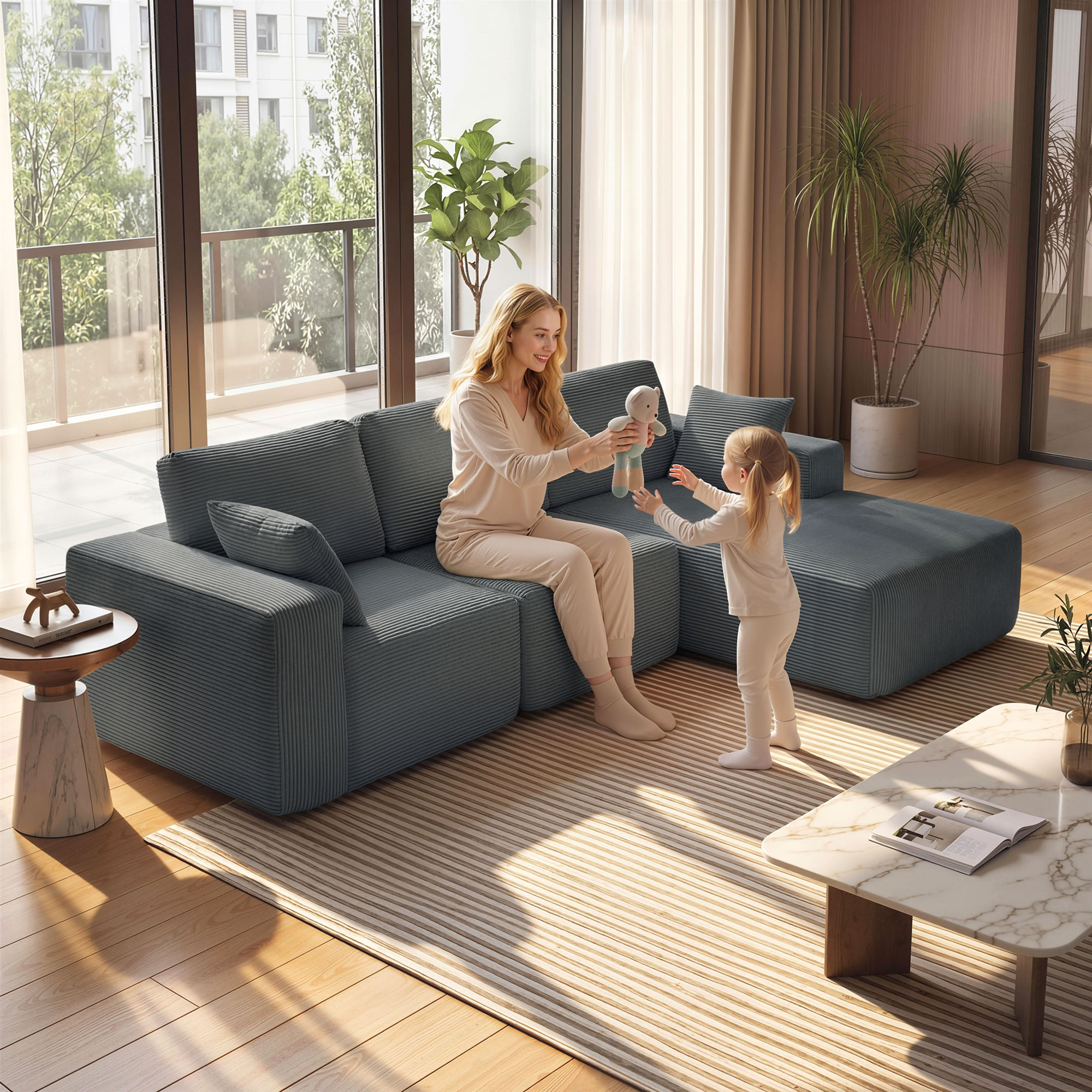 Modulares Ecksofa, L-förmiges Sofa-Bett mit tiefem Sitz, breiten Armlehnen, 2 Kissen, Dunkelgrau