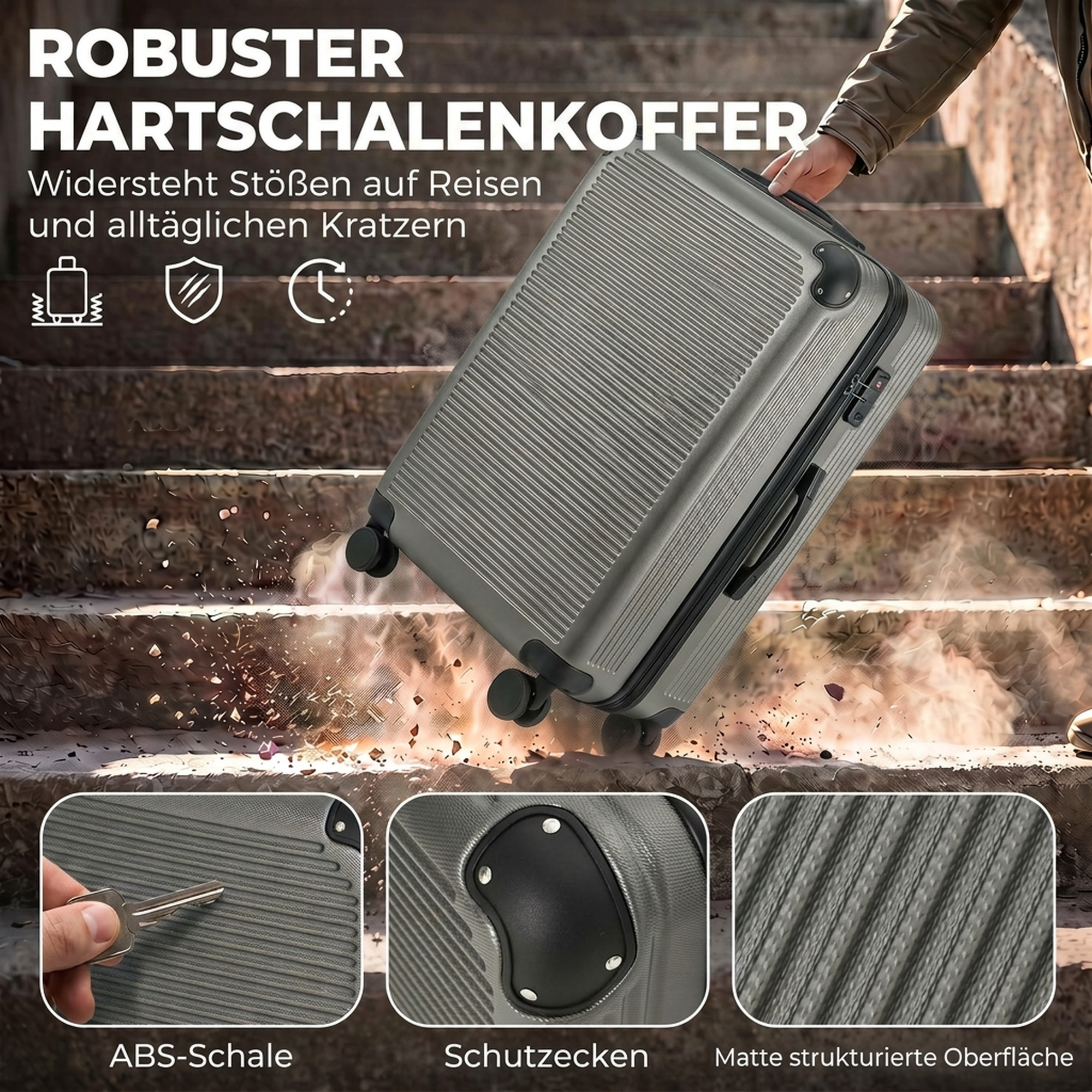Reisekoffer Hartschale erweiterbar Rollkoffer Trolley 4 Rollen TSA Schloss 77 cm Dunkelgrau