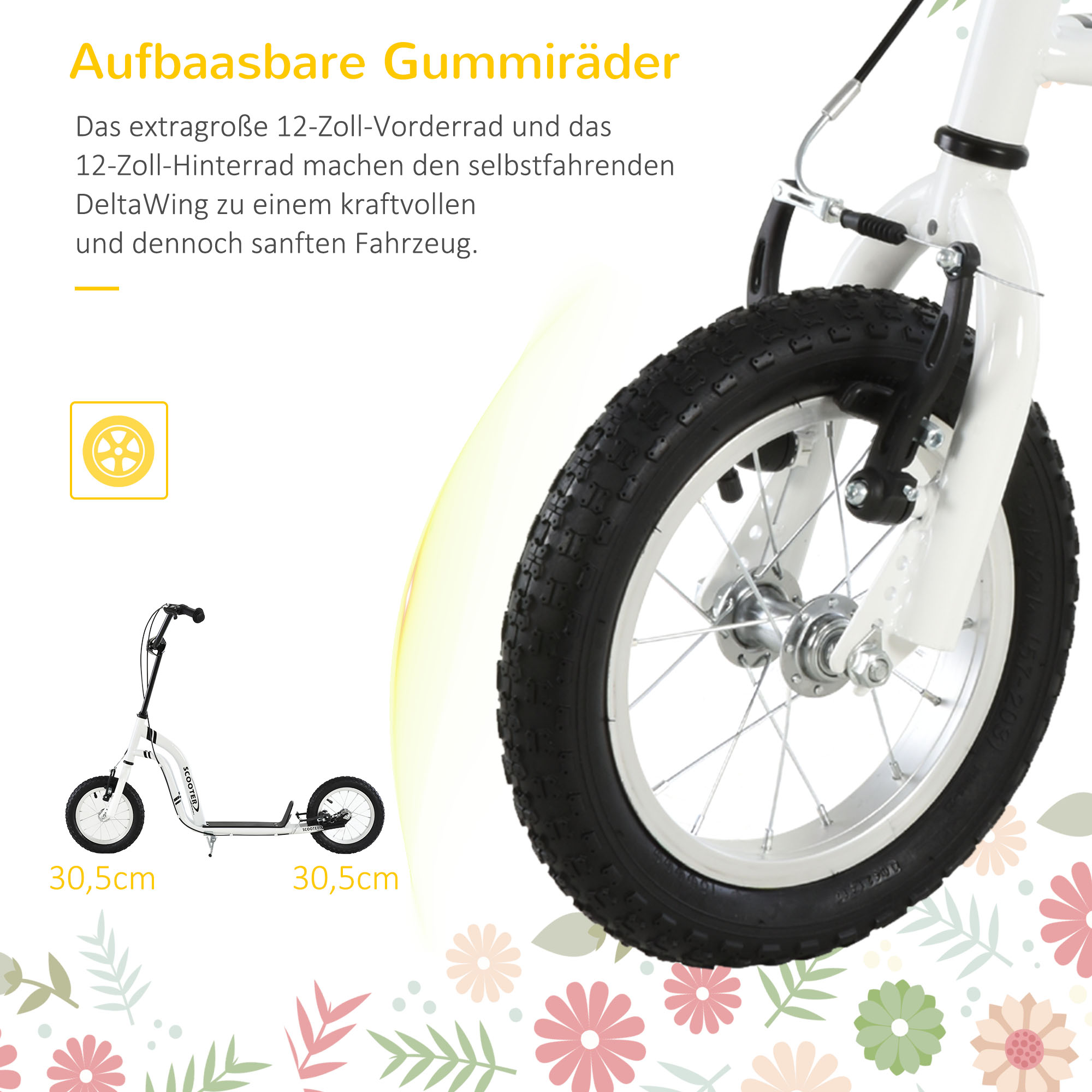 Kinderroller ab 5 Jahre Scooter Kinderscooter Tretroller Cityroller Kinder Roller Kickboard mit Luftreifen 12 Zoll Gummi Aluminium Weiß 120 x 58 x 85-95 cm