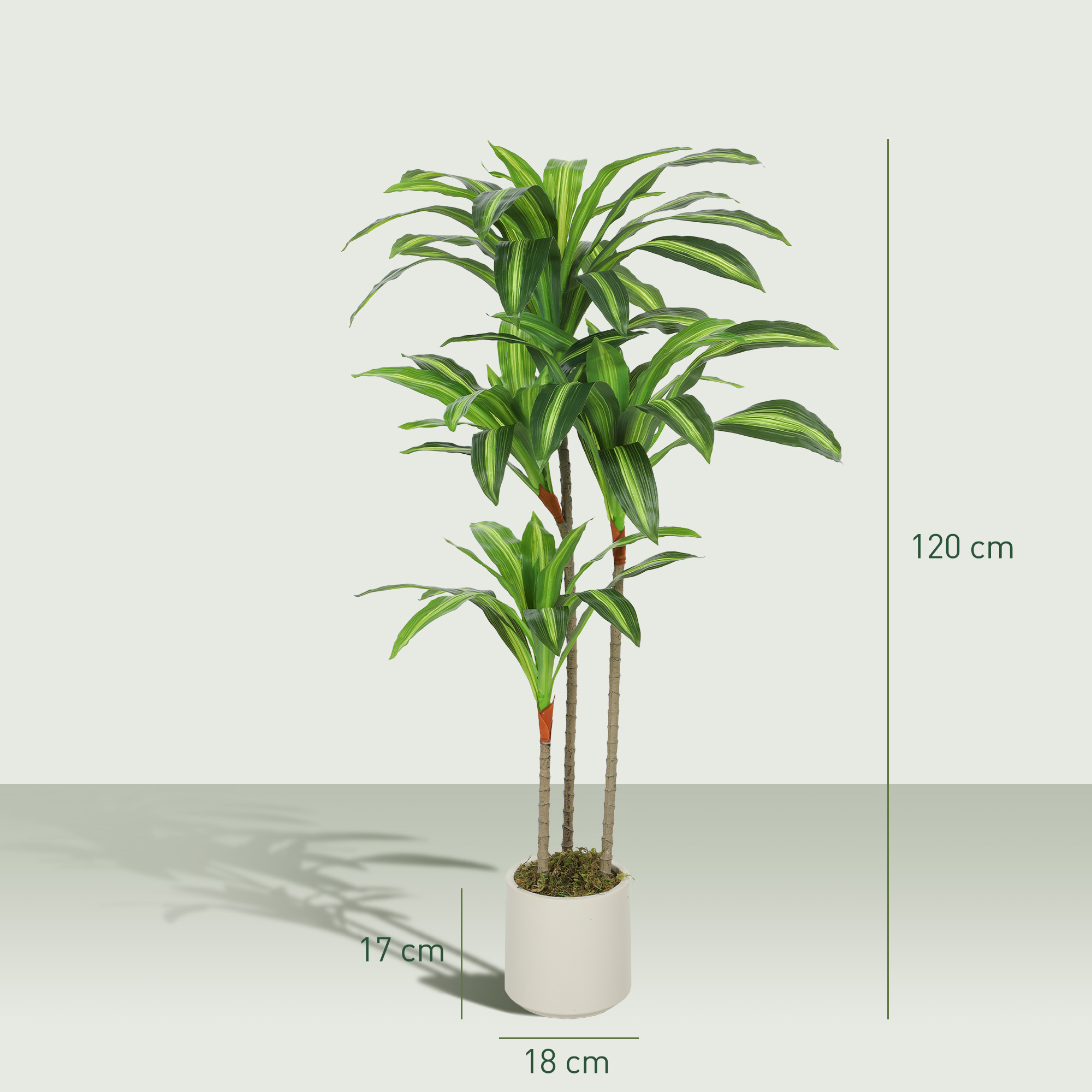 Künstlicher Dracaena-Baum 120 cm mit biegsamen Stämmen und weißem Pflanzgefäß für Wohnzimmer Schlafzimmer Büro