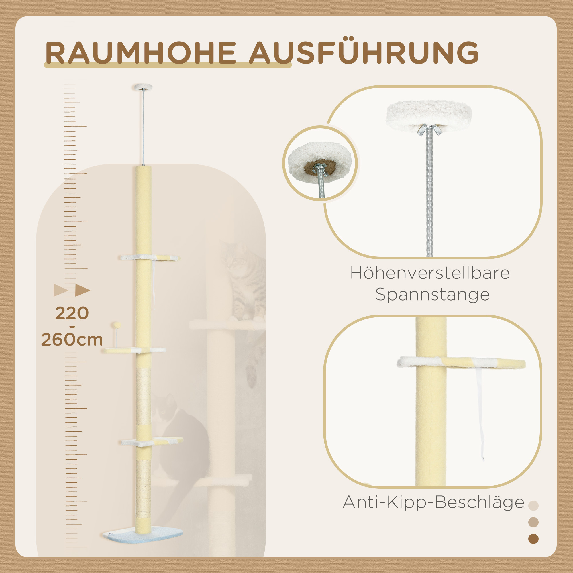 höhenverstellbarer Kratzbaum, Anti-Rutsch, Sisalseil-Pfosten, 220-260H x 47L x 34W cm, Gelb/Weiß/Blau