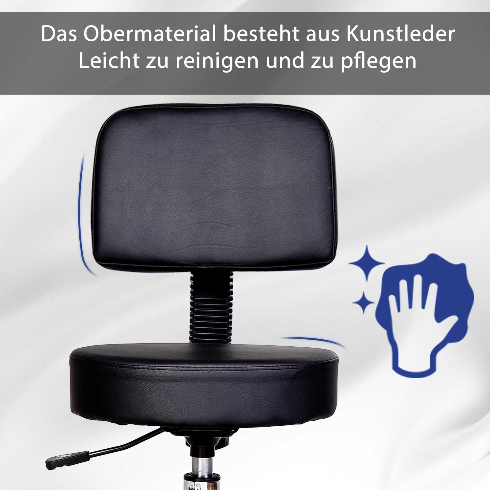 Rollhocker höhenverstellbar mit Rückenlehne Drehhocker 72-84 cm Arbeitshocker 360° drehbar Bürohocker für Büro Salon Massage Spa Schwarz
