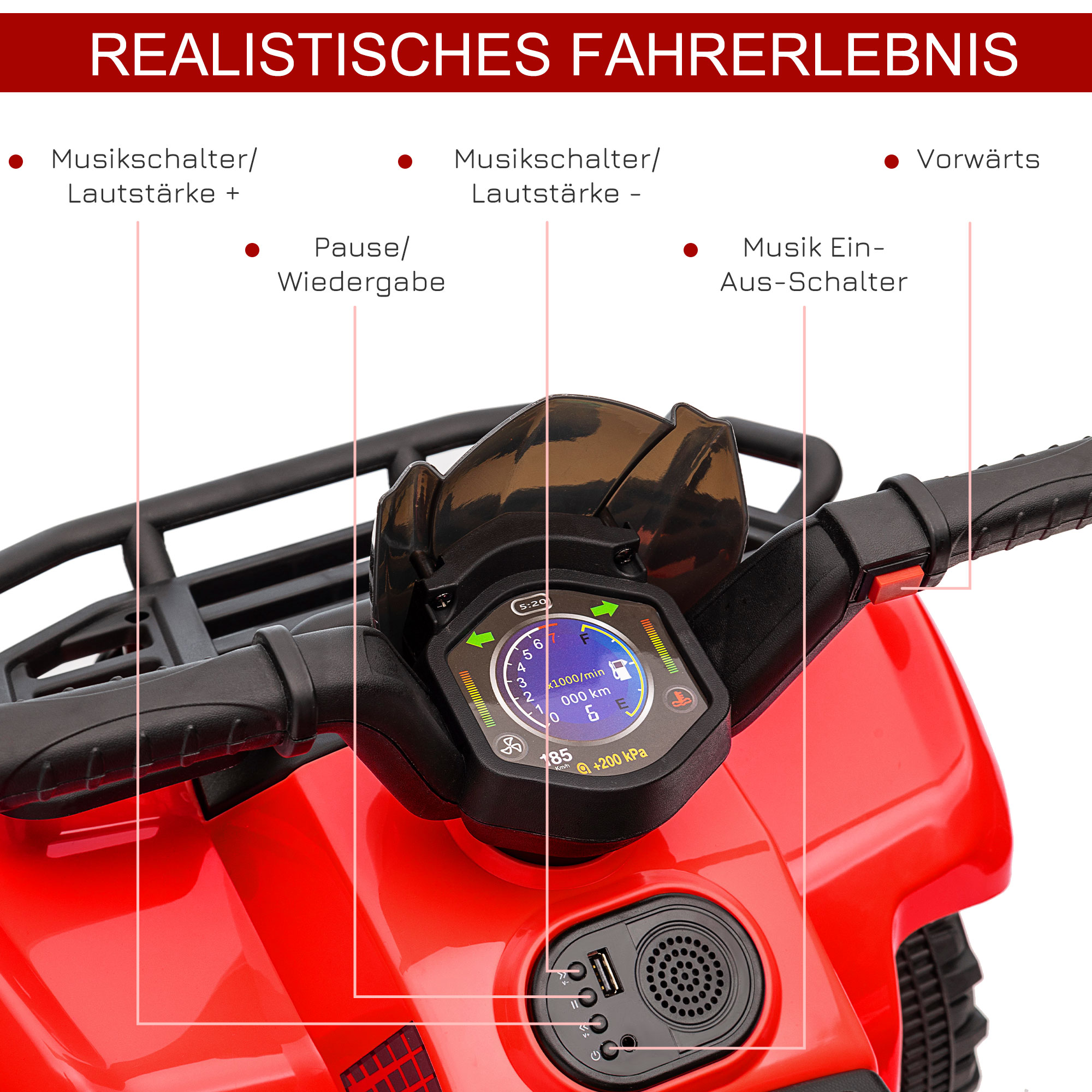 Kinder Quad Elektro 6V Kinderquad mit Vorwärtsfunktion, Musik, Elektro-Quad für Kinder 1,5-3 Jahre Rot