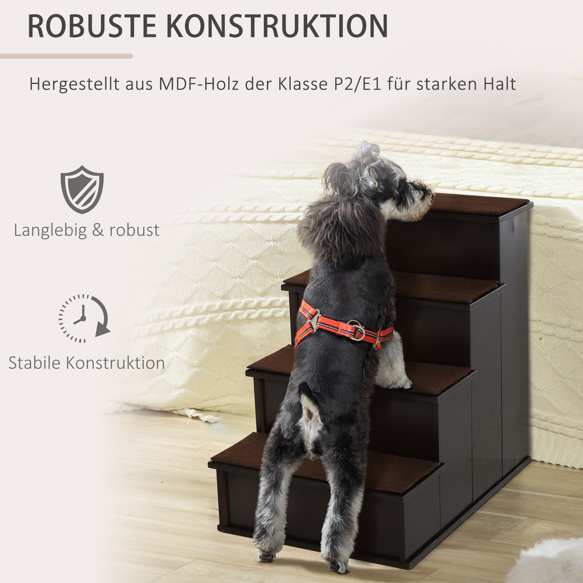 Haustiertreppe, für Hunde/Katzen, 4-stufig, Kurzplüsch, bis 30 kg, 40 x 59 x 54,2 cm, Dunkelbraun