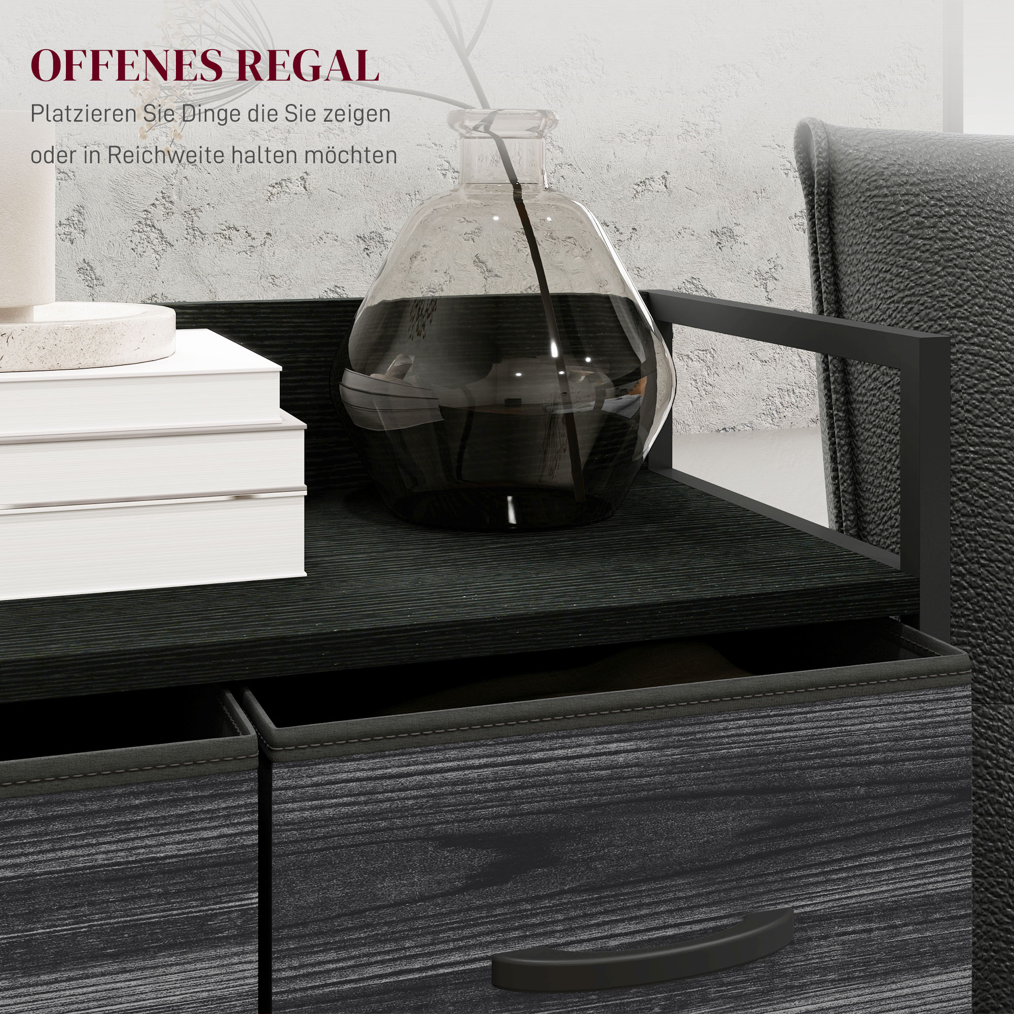 Kommode, Sideboard, 4 Stoffschubladen, Industrial Design, 60x29x85cm, Schwarz