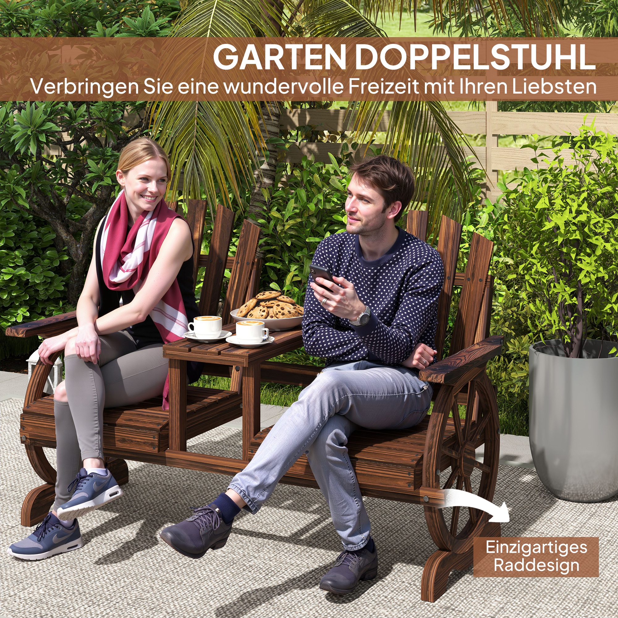 2-Sitzer Gartenbank Holz, wetterfest Sitzbank, mit Schirmloch, Beine im Wagenradform 154 x 65 x 102 cm Verkohlt