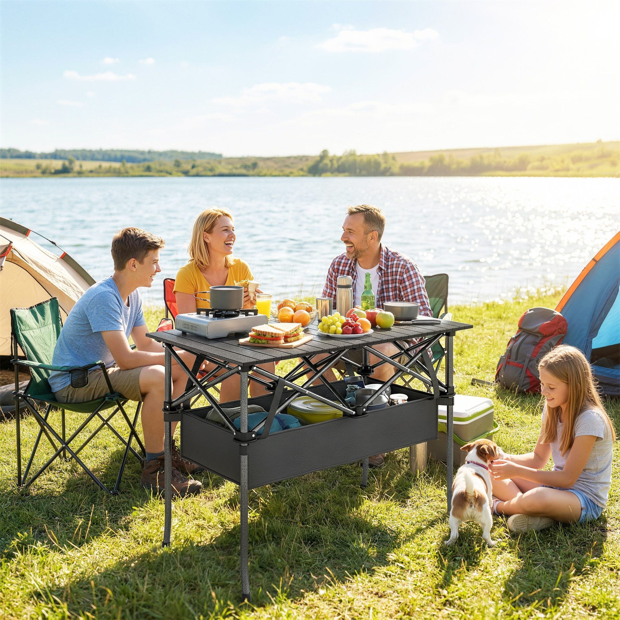klappbarer rollbarer Picknicktisch Tragbarer Campingtisch mit Netzablage und Tragetasche für den Außenbereich, Schwarz