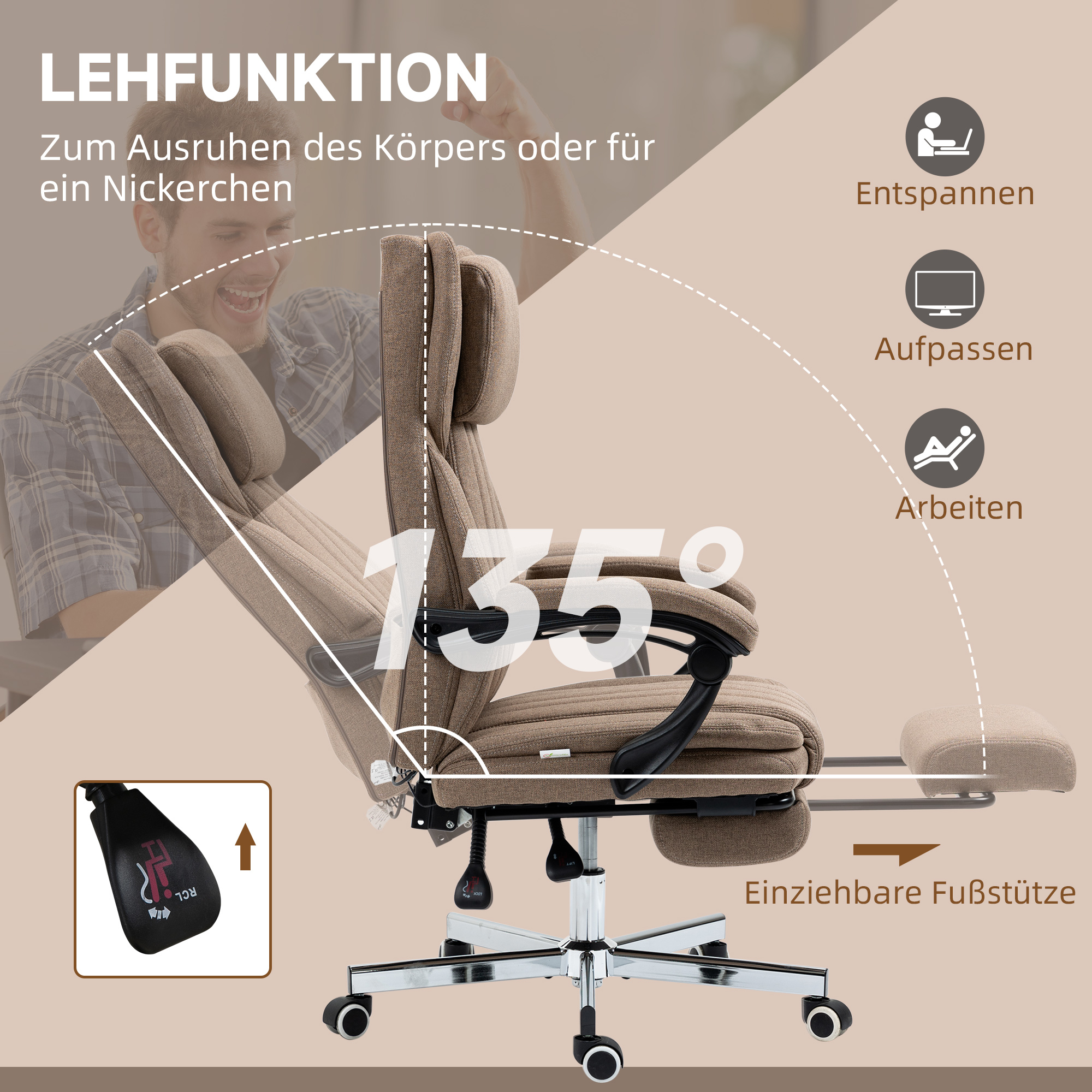 Bürostuhl mit Massagefunktion, neigbare Rücklehne, ausziehbare Fußstütze, Leinenoptik, 65 x 61 x 118 cm, Braun