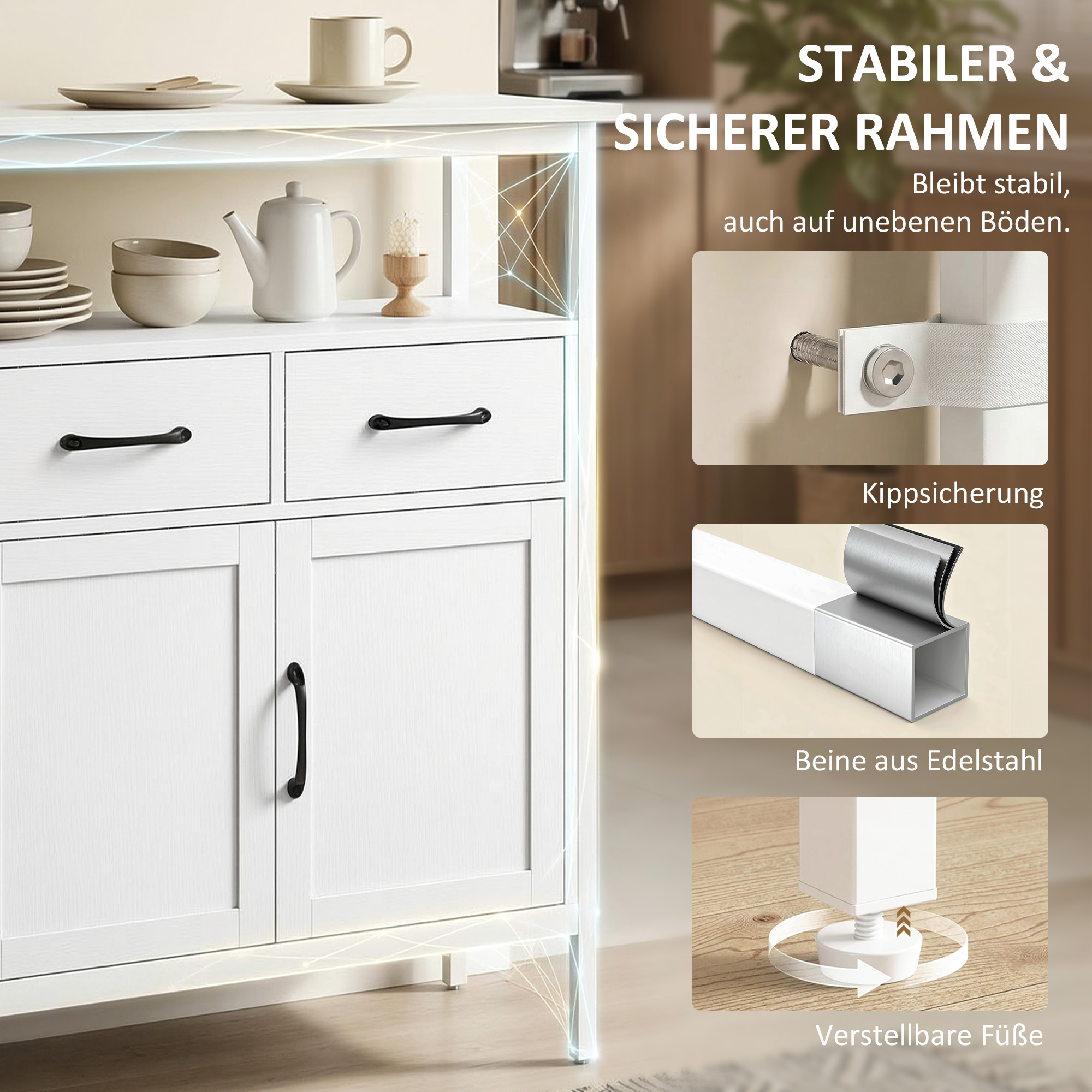 Sideboard mit verstellbaren Einlegeböden, Buffet-Schrank mit 3 Schubladen, 3 Türen , 95 cm, Weiß