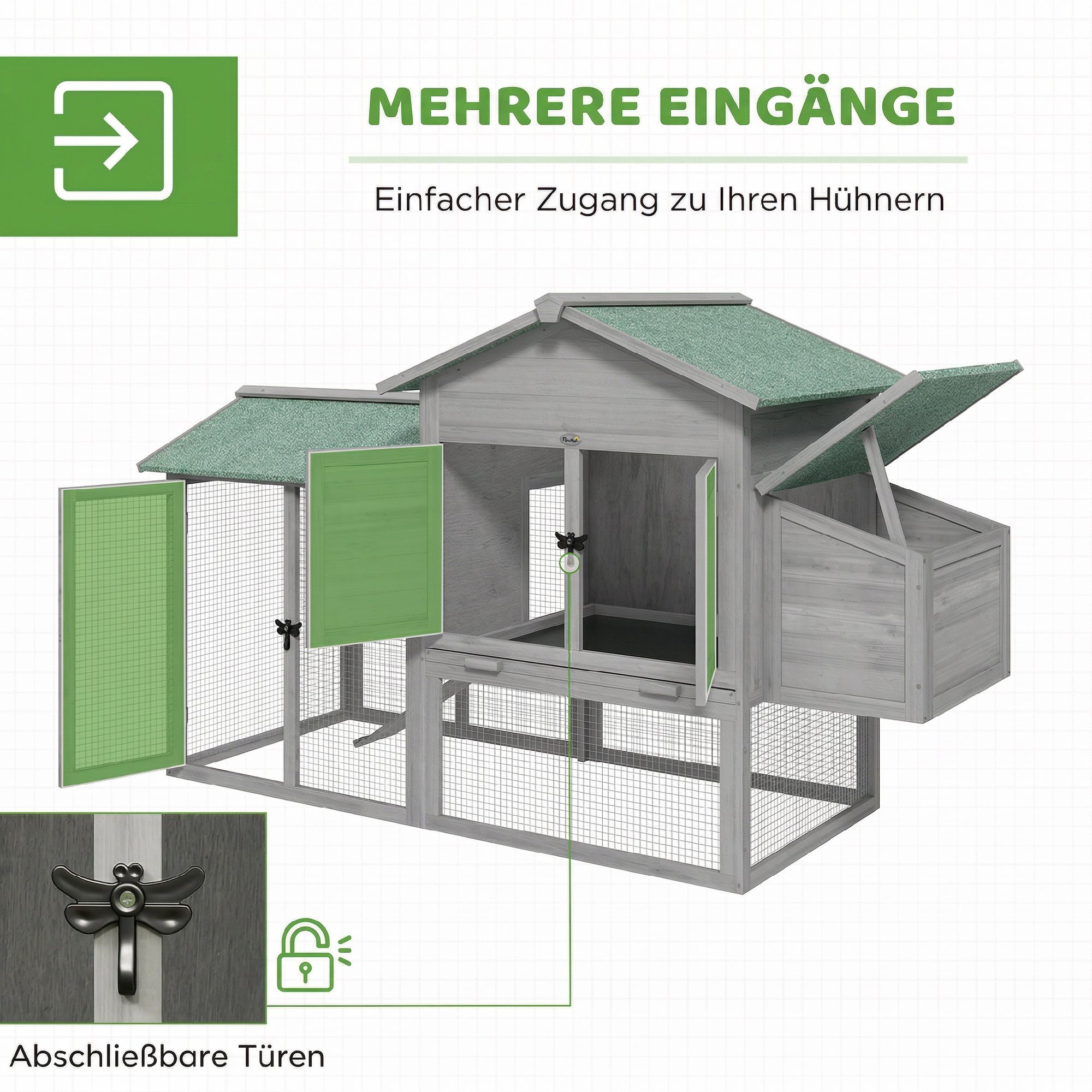 Hühnerstall Holz Hühnerhaus mit Freilaufgehege Nistkasten Rampe herausziehbarem Tablett für 2-4 Hühner 168x75x103cm Grau