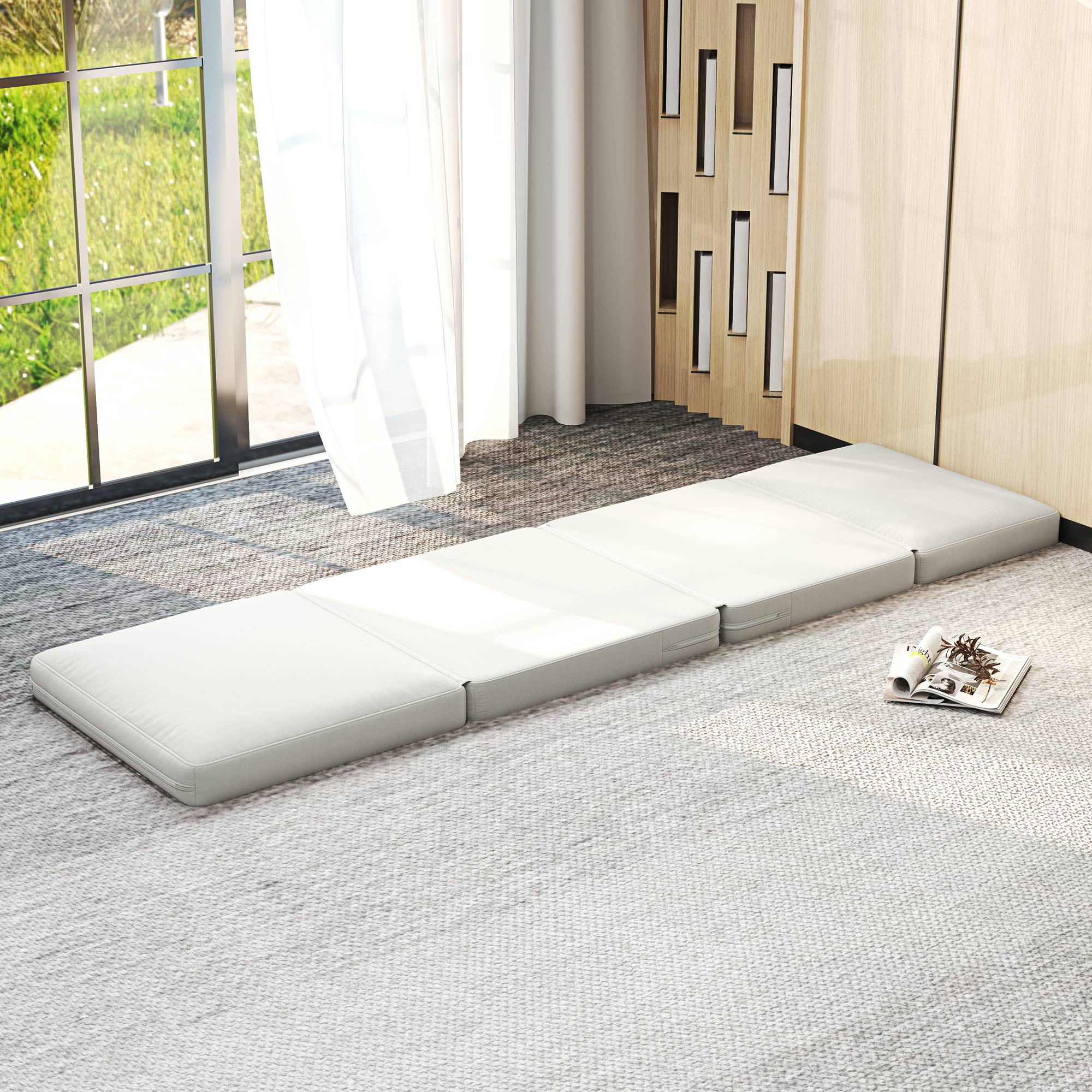 Faltbarer Bodensessel mit Kissen, wandelbares Polstersofa, Wohnzimmer, Gästezimmer, Büro, 75 x 268 x 18 cm, Cremeweiß