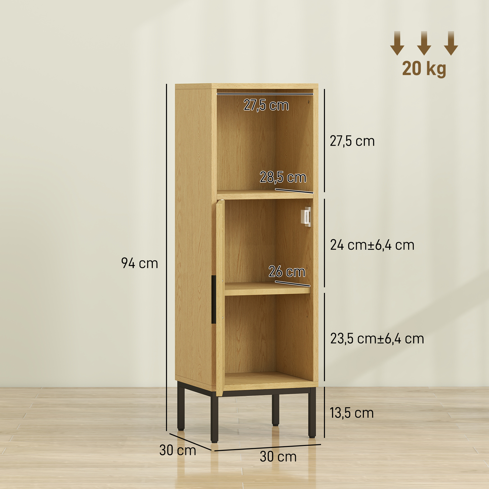 Badezimmerschrank, schmaler Badschrank freistehend mit verstellbarem Einlegeboden, Natur