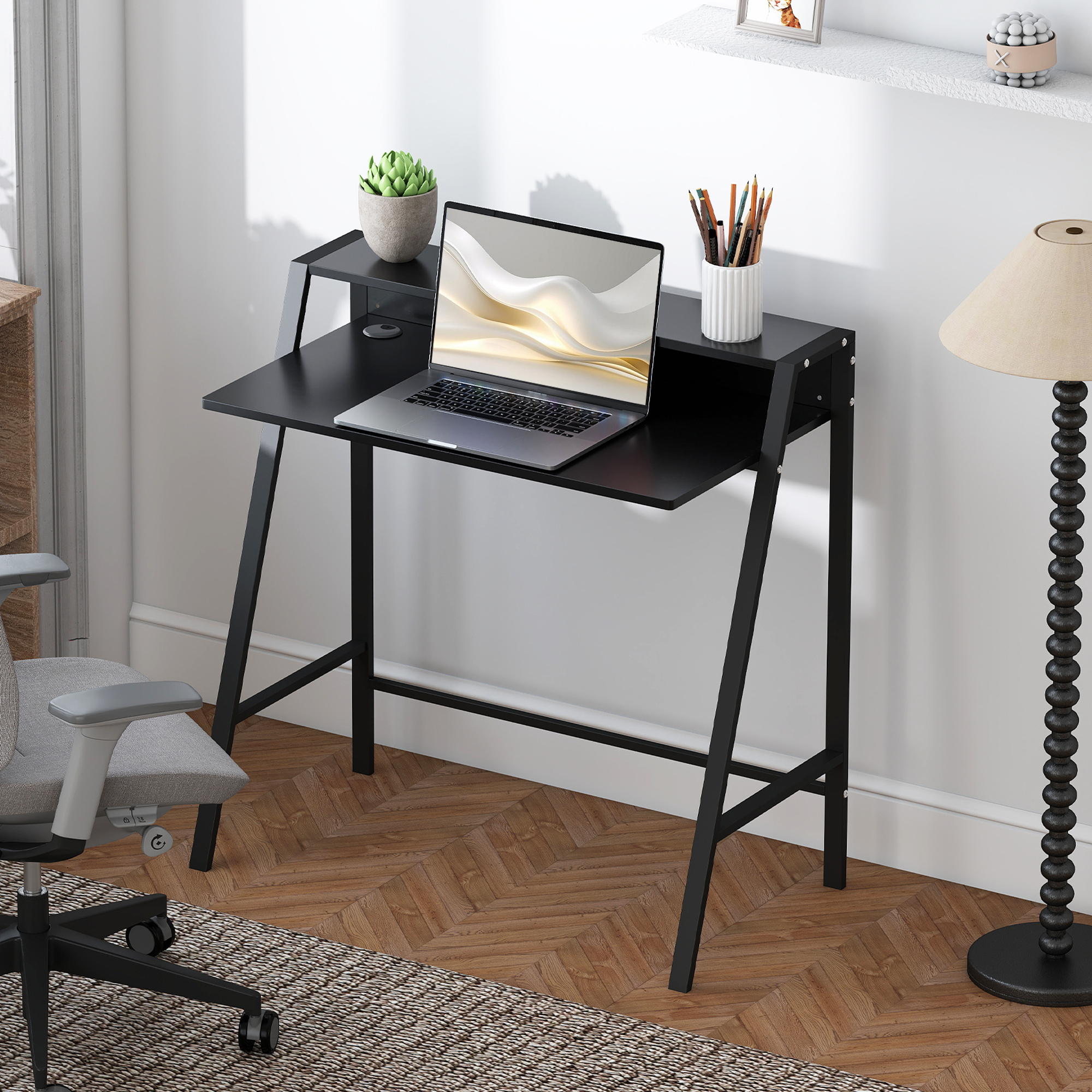 Schreibtisch, Computertisch mit Ablage und Kabel Management, moderner Schreibtisch mit Metallgestell für Arbeitszimmer, Schlafzimmer, Home Office, 84 x 45 x 85 cm, Schwarz