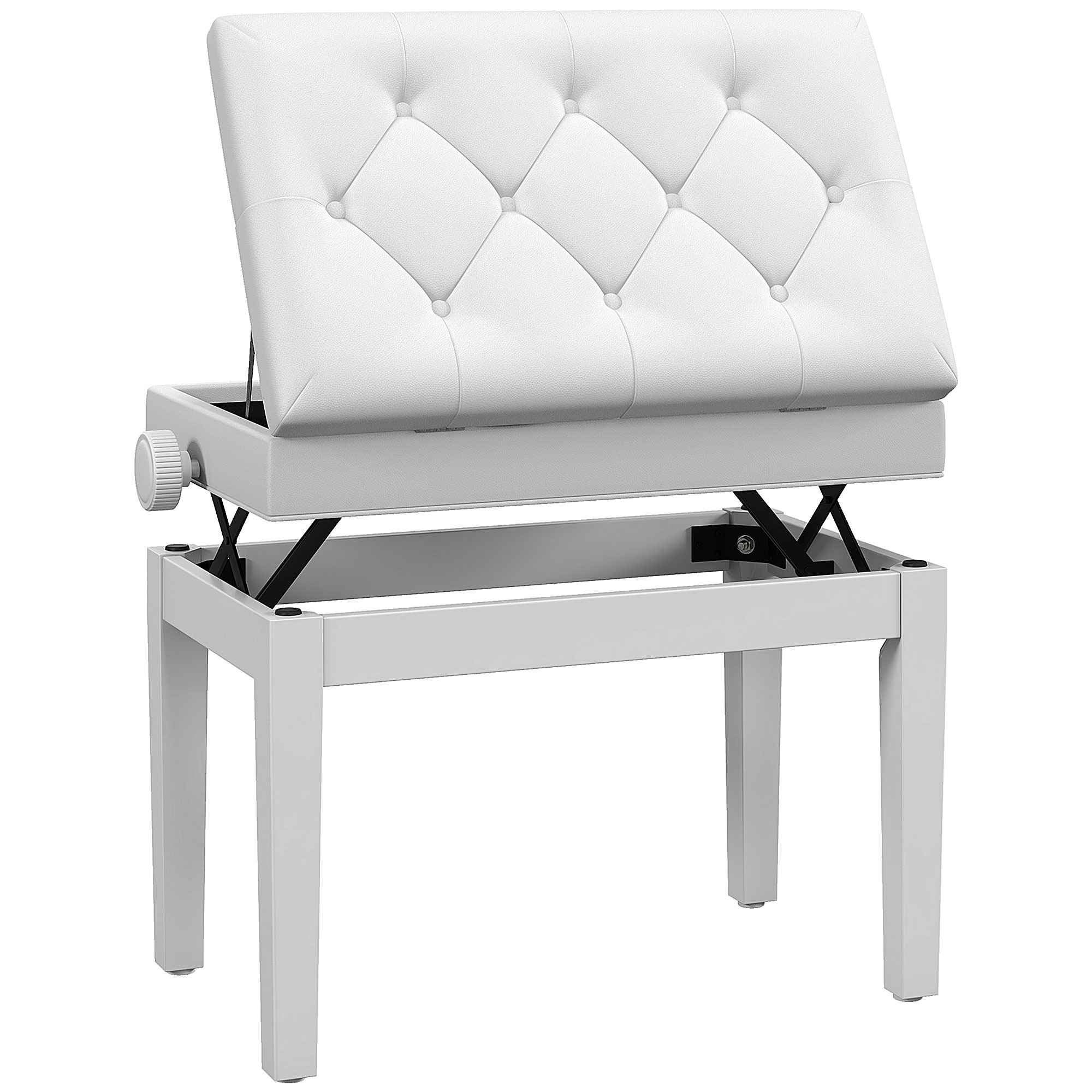 Klavierbank Höhenverstellbar Sitzbank mit Stauraum, Holzbeine, aus Kunstleder, 54,5 x 33 x 48-58 cm, Weiß