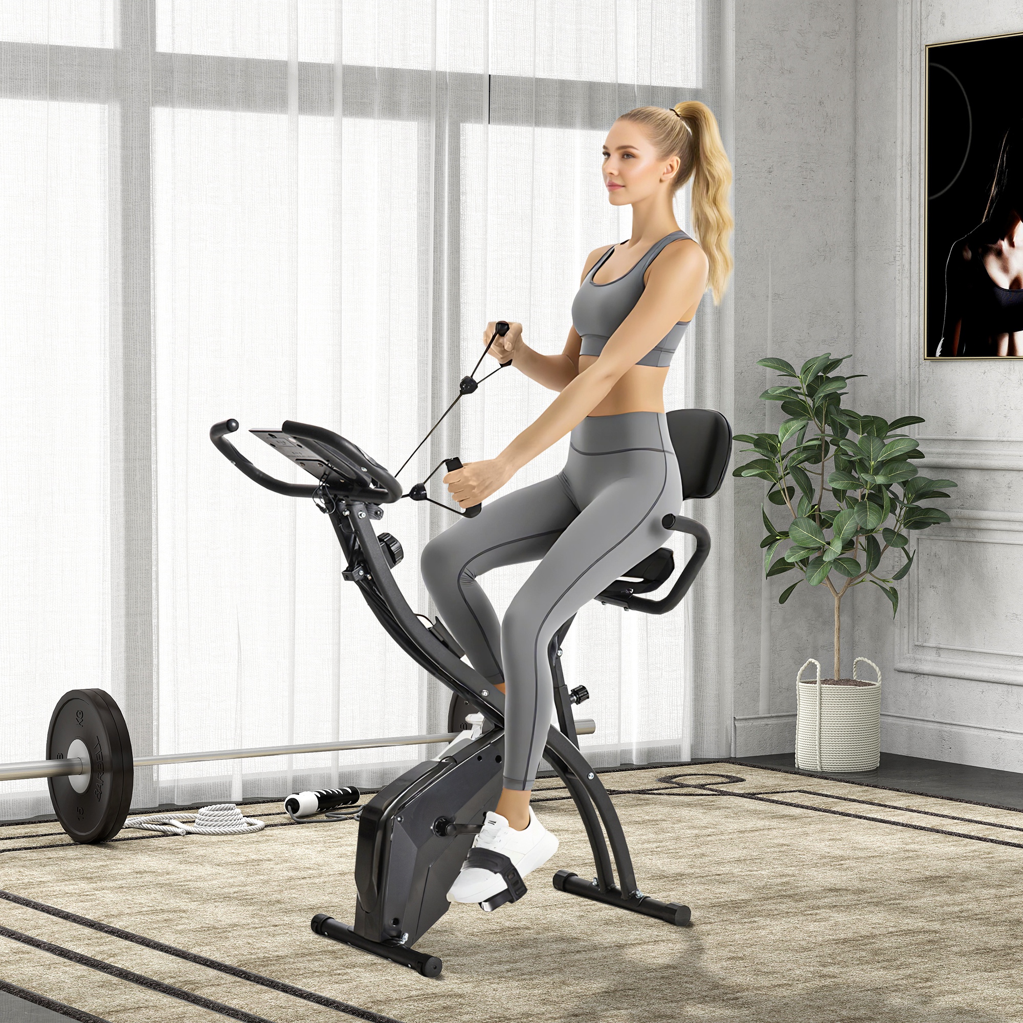 Heimtrainer 2-in-1 Fahrradtrainer mit LCD-Display Pulsmesser verstellbar Sitz Räder, klappbarer Hometrainer Trimmrad mit 8 stufig Magnetwiderstand, Spannseil, Stahl