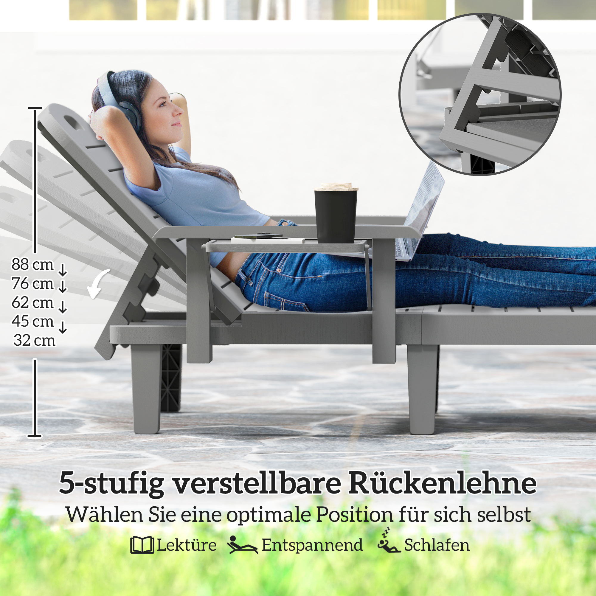 Sonnenliege Gartenliege mit Seitentisch Holzoptik Liegestuhl mit 5-Fach verstellbare Rückenlehne Dunkelgrau