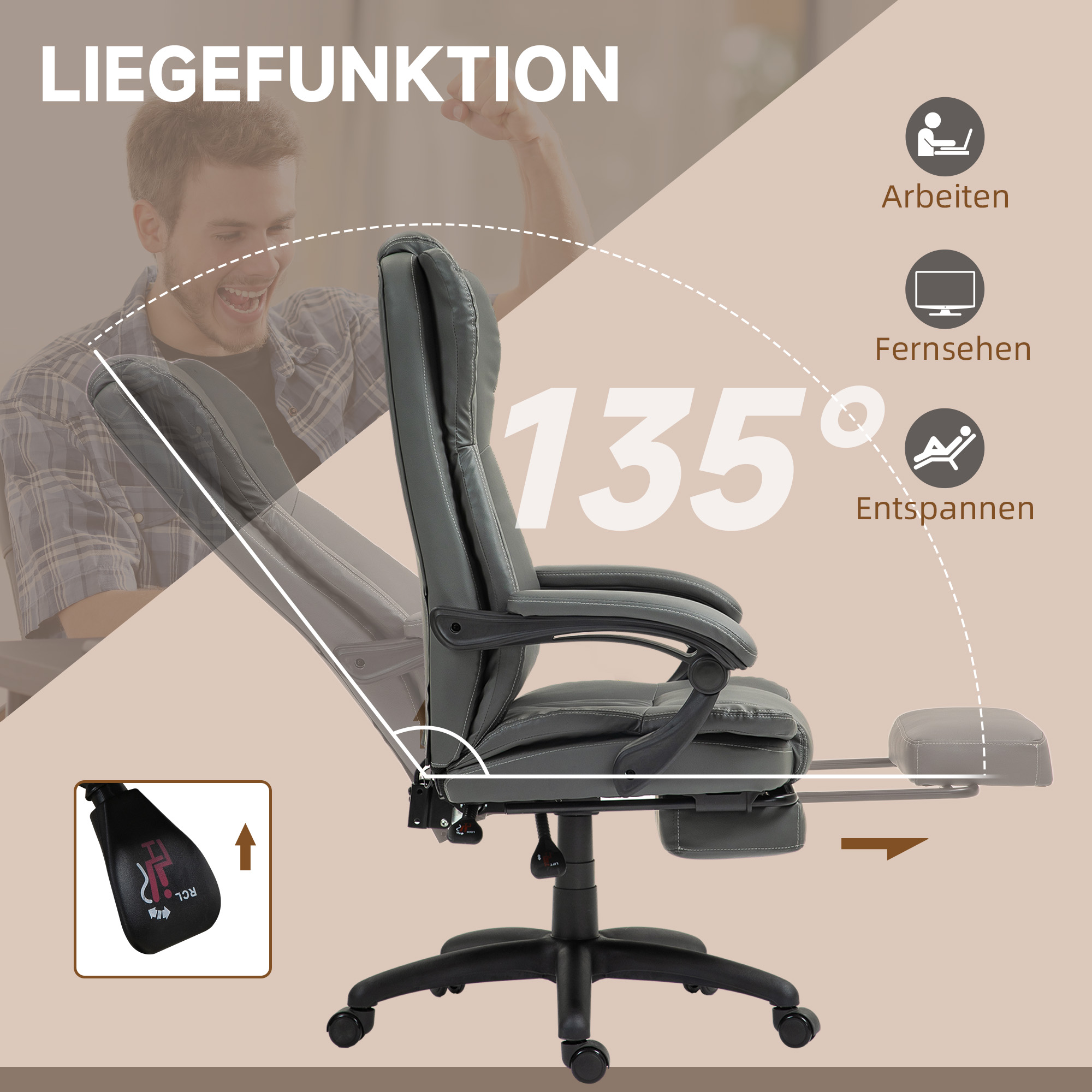 verstellbarer Drehstuhl mit Fußstütze, Kopfstütze, Massagefunktion, Kunstleder, 68,5x68,5x113-121cm, Dunkelgrau