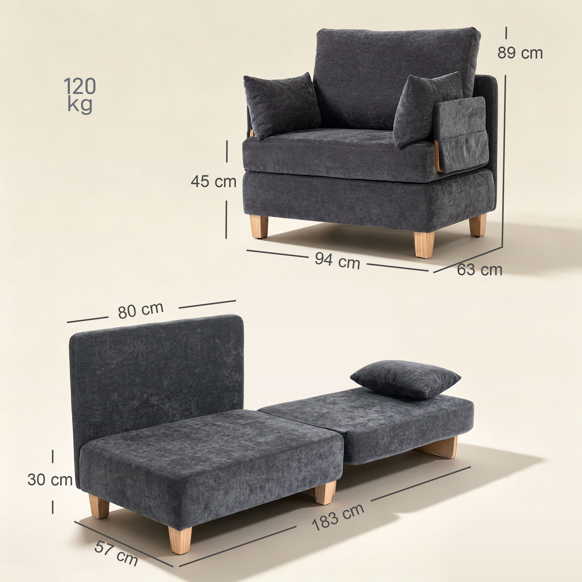 Schlafsessel 2-in-1 mit Bettfunktion, Schlafsofa mit 2 waschbaren Kissen, Seitentaschen für Wohnzimmer, Schlafzimmer