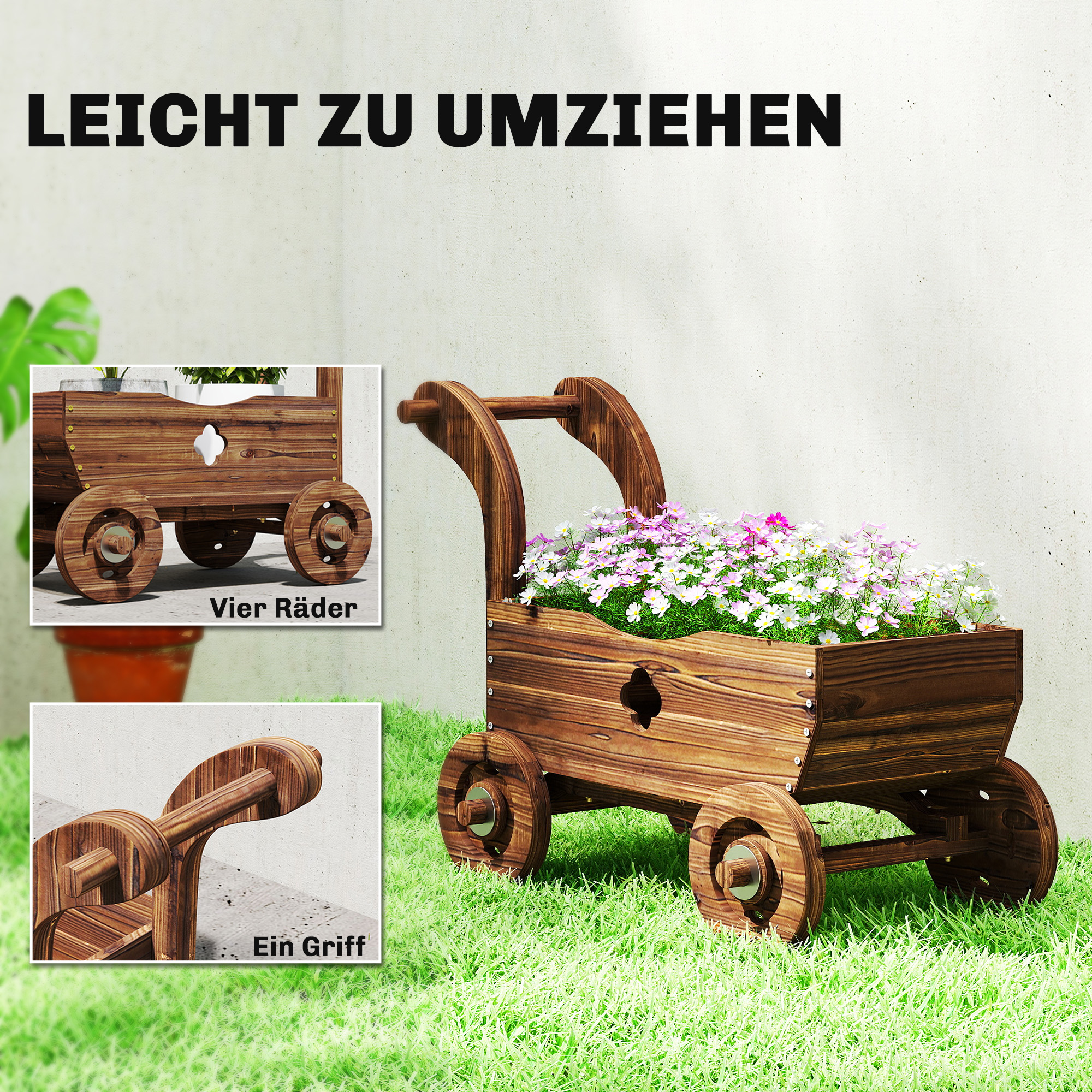 Hochbeet Holz, Pflanzbeet in Wagenform Frühbeet mit 4 Rädern Griff Gartenbeet 68 x 38 x 52cm