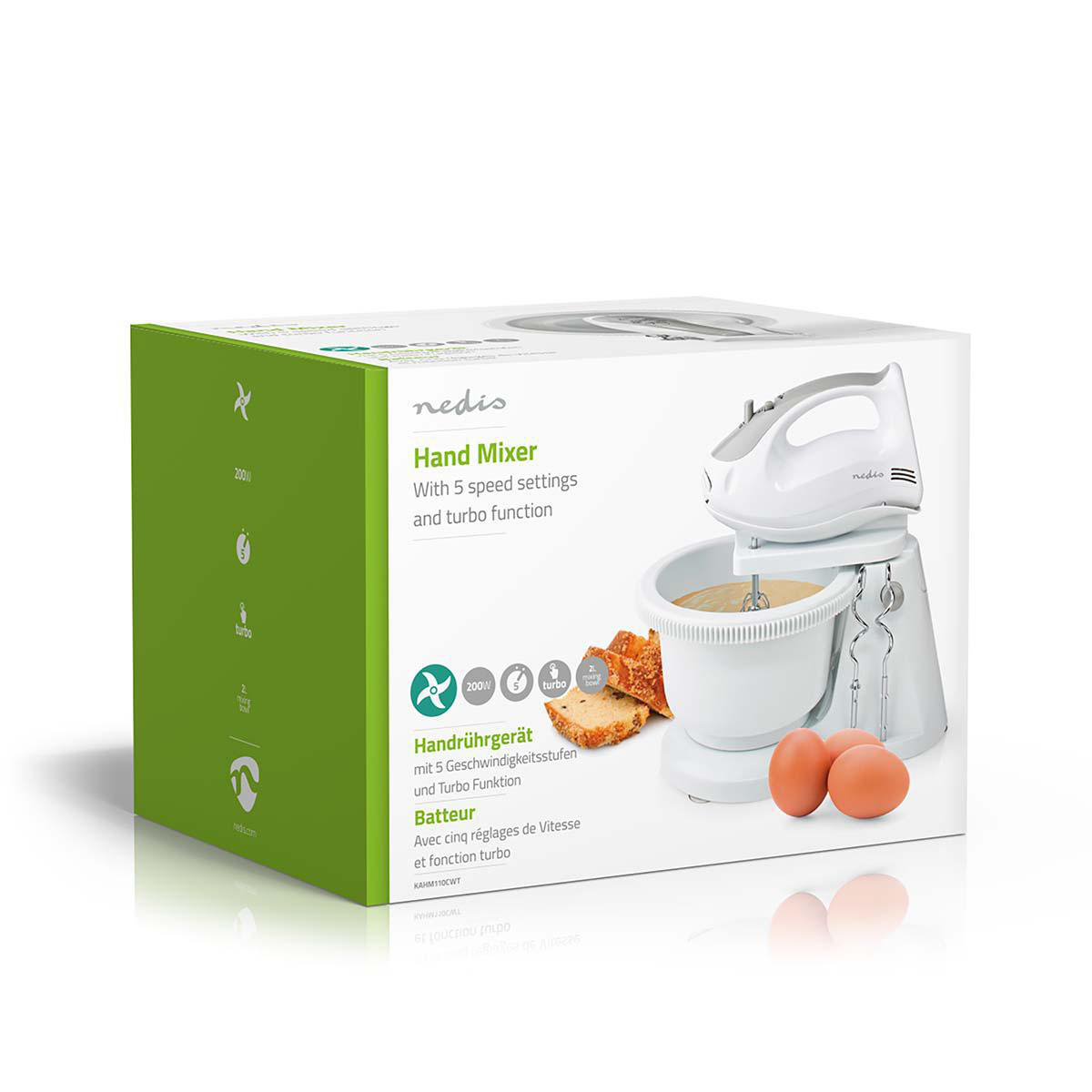 Handmixer | 200 W | 5 Geschindigkeitsstufen | Turbofunktion | Schüssel drehen / 2 Knethaken / 2 Quirle | Grau / Weiss