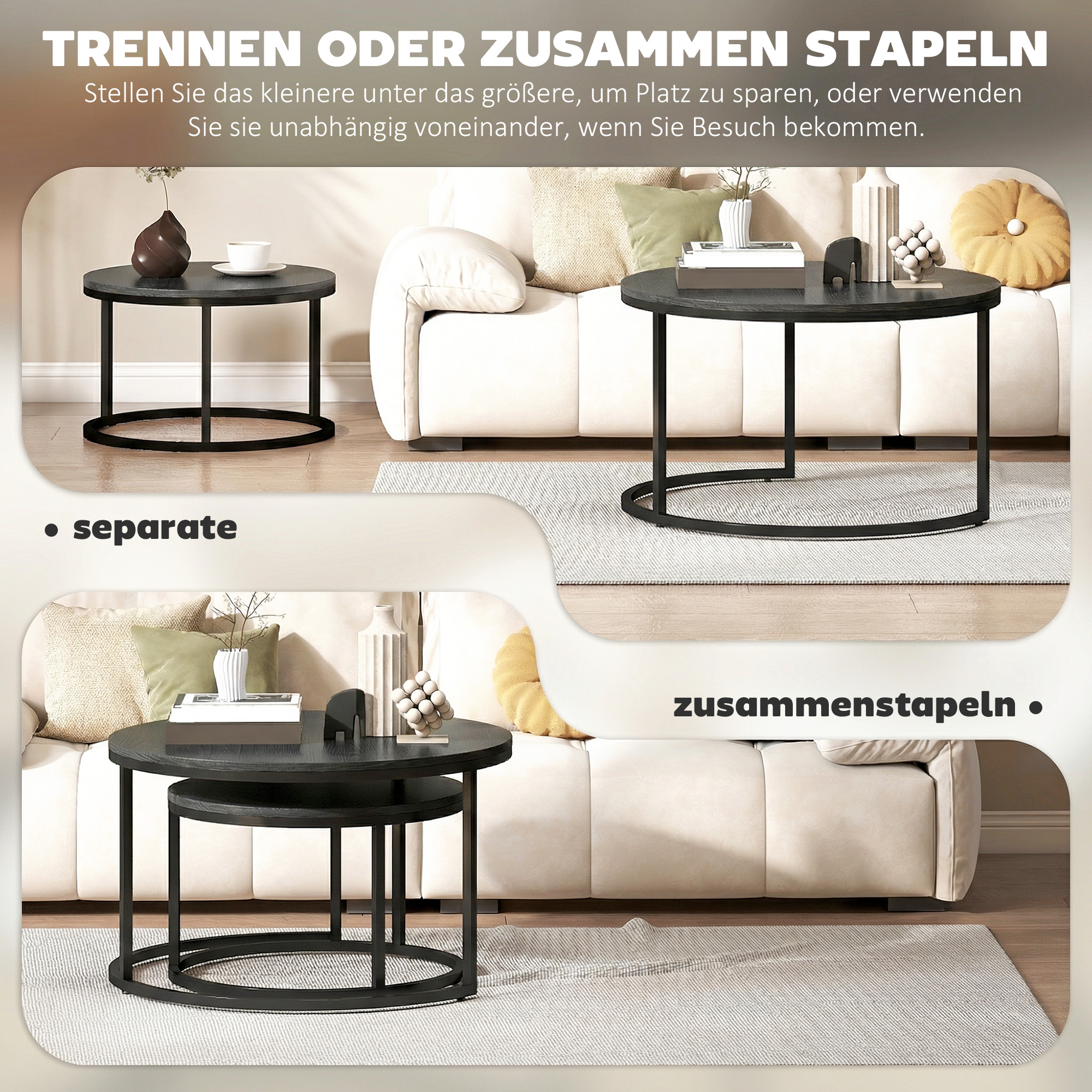 Modernes Kaffeetisch 2er-Set, Stapelbare Beistelltische mit Metallgestell für Wohnzimmer, Schlafzimmer, Büro, Schwarz
