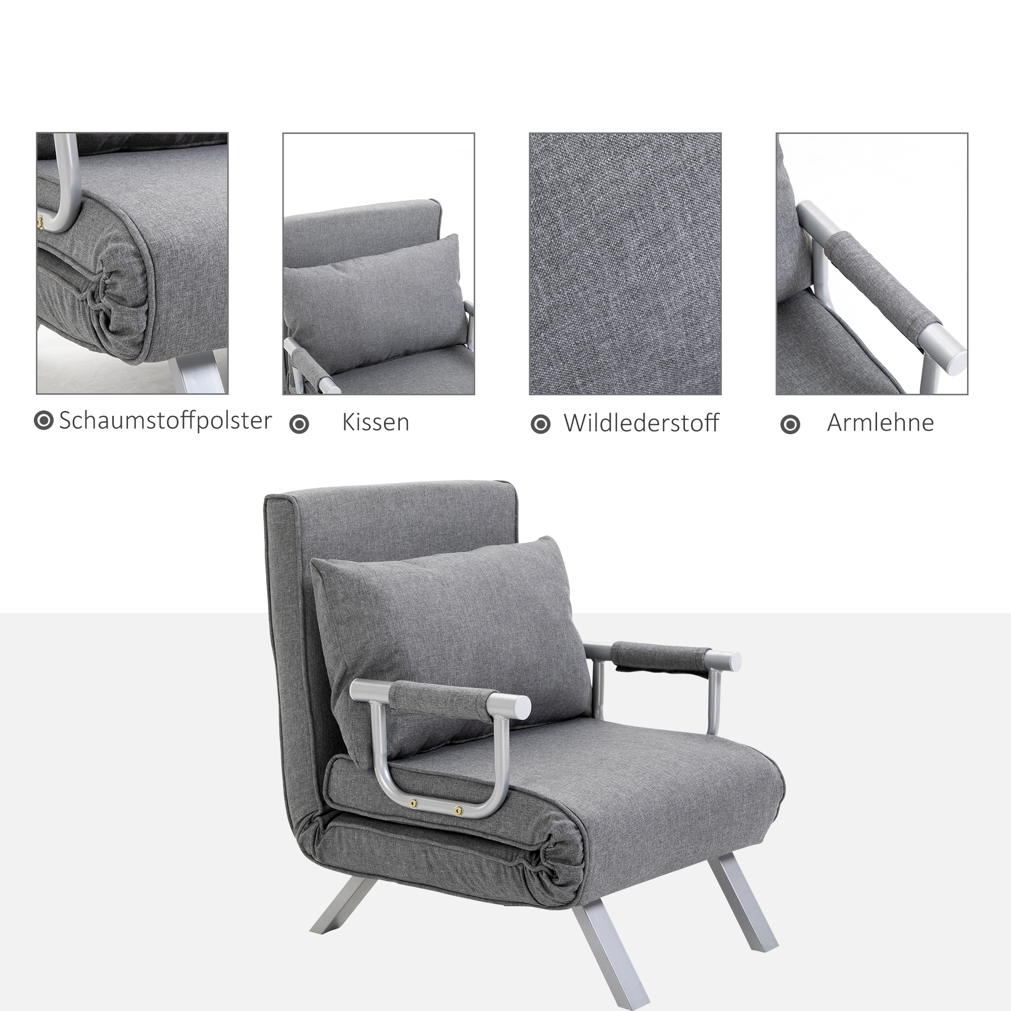 3 in 1 Schlafsessel Klappbar Schlafsofa mit Bettfunktion Verstellbarer Rückenlehne Kissen Gästebett in Leinenoptik, Relaxsessel Klappsessel für Wohnzimmer Schlafzimmer 65 x 69 x 80 cm Hellgrau